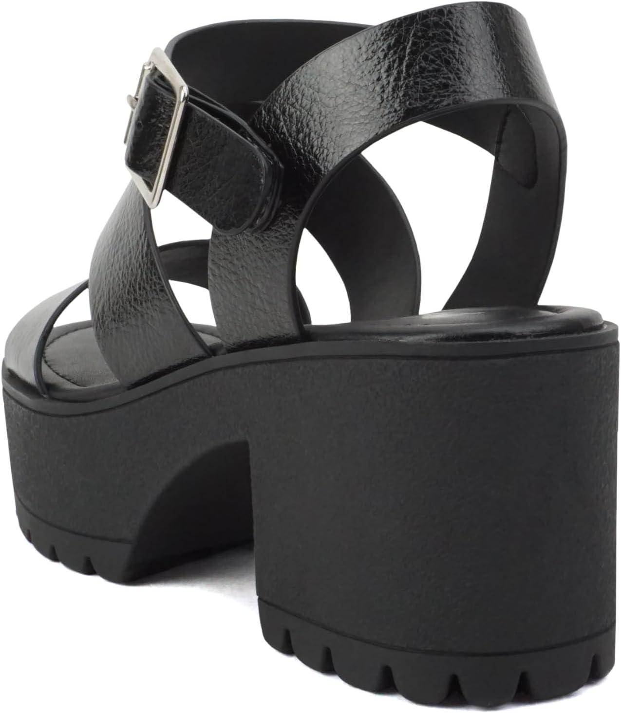 imageSoda ACCOUNT  Women Open Toe Two Bands Lug sole Fashion Block Heel Sandals with Adjustable Ankle StrapBlack Metallic