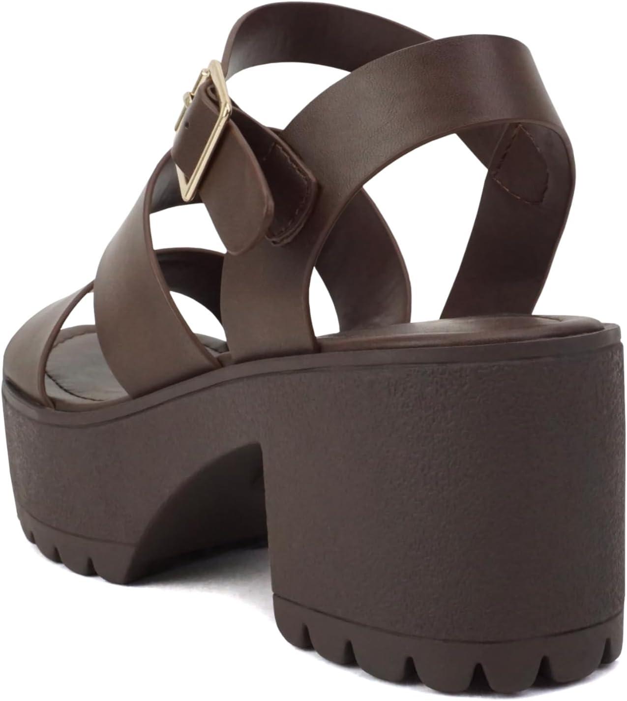 imageSoda ACCOUNT  Women Open Toe Two Bands Lug sole Fashion Block Heel Sandals with Adjustable Ankle StrapBrown Pu