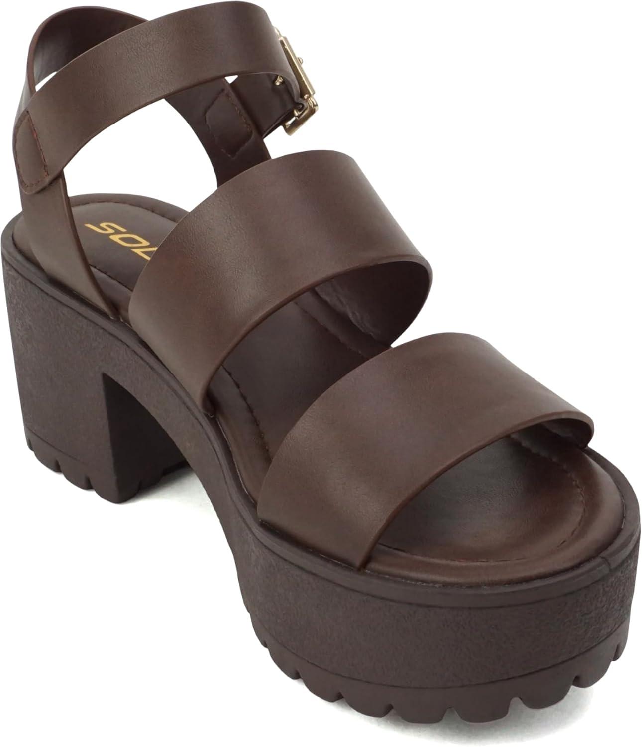 imageSoda ACCOUNT  Women Open Toe Two Bands Lug sole Fashion Block Heel Sandals with Adjustable Ankle StrapBrown Pu
