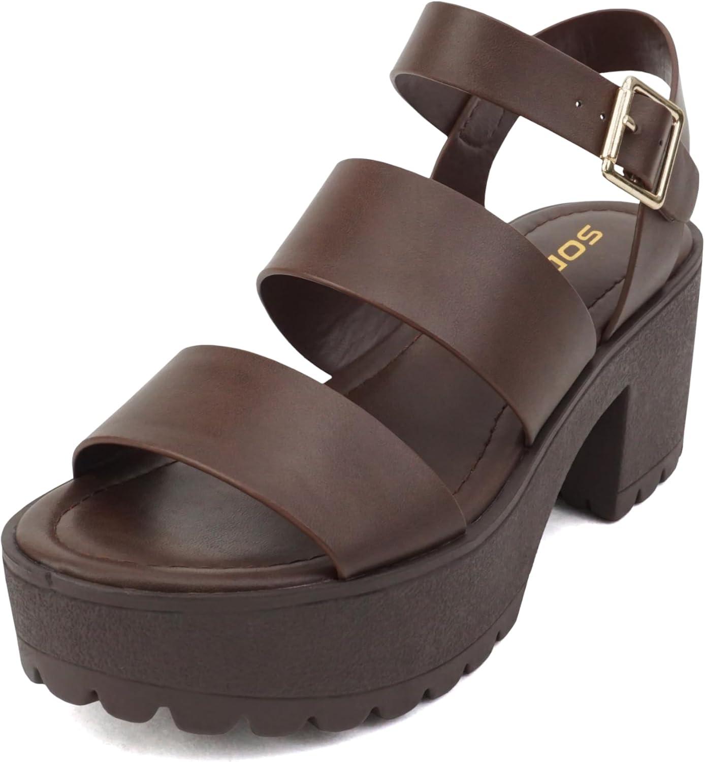 imageSoda ACCOUNT  Women Open Toe Two Bands Lug sole Fashion Block Heel Sandals with Adjustable Ankle StrapBrown Pu