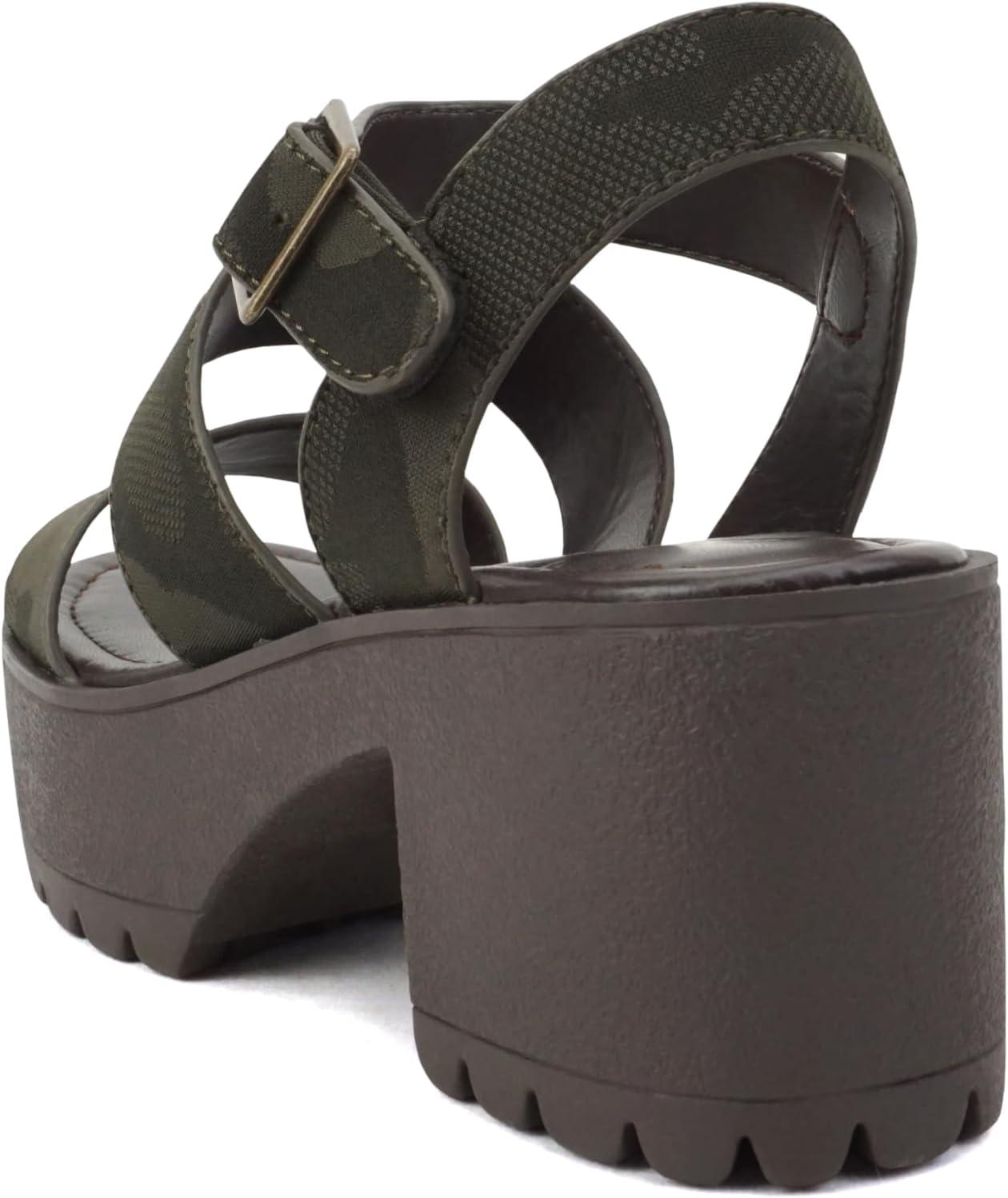 imageSoda ACCOUNT  Women Open Toe Two Bands Lug sole Fashion Block Heel Sandals with Adjustable Ankle StrapCamouflage