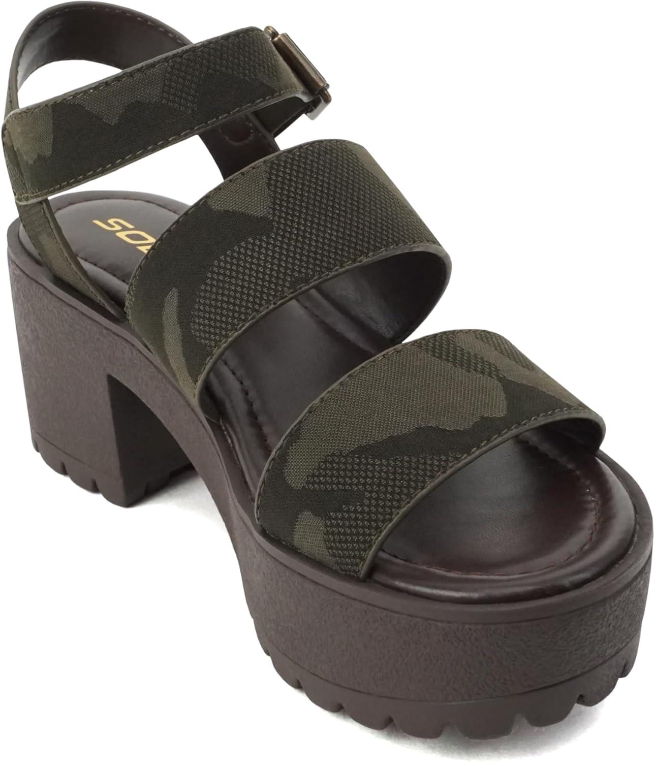 imageSoda ACCOUNT  Women Open Toe Two Bands Lug sole Fashion Block Heel Sandals with Adjustable Ankle StrapCamouflage