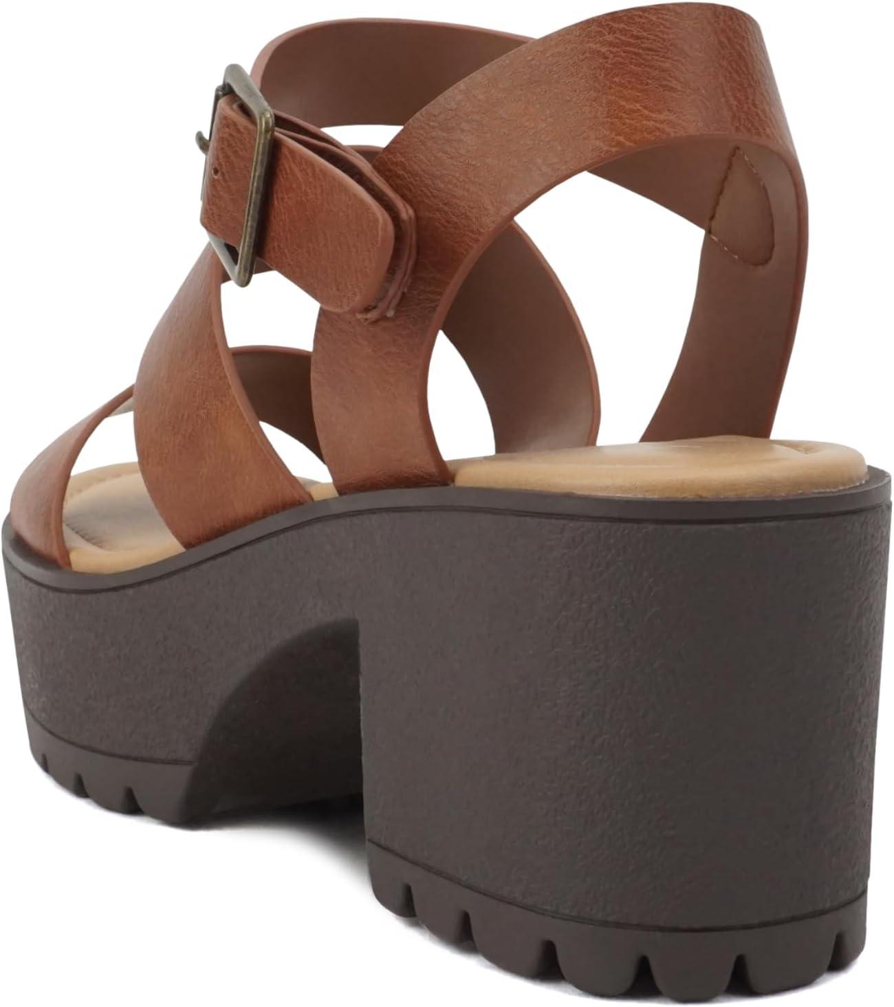 imageSoda ACCOUNT  Women Open Toe Two Bands Lug sole Fashion Block Heel Sandals with Adjustable Ankle StrapCognac Pu