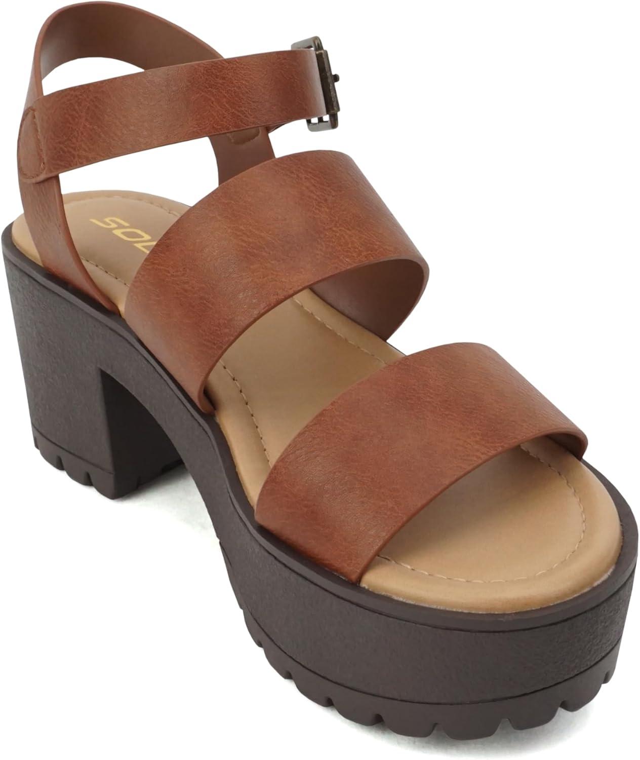 imageSoda ACCOUNT  Women Open Toe Two Bands Lug sole Fashion Block Heel Sandals with Adjustable Ankle StrapCognac Pu