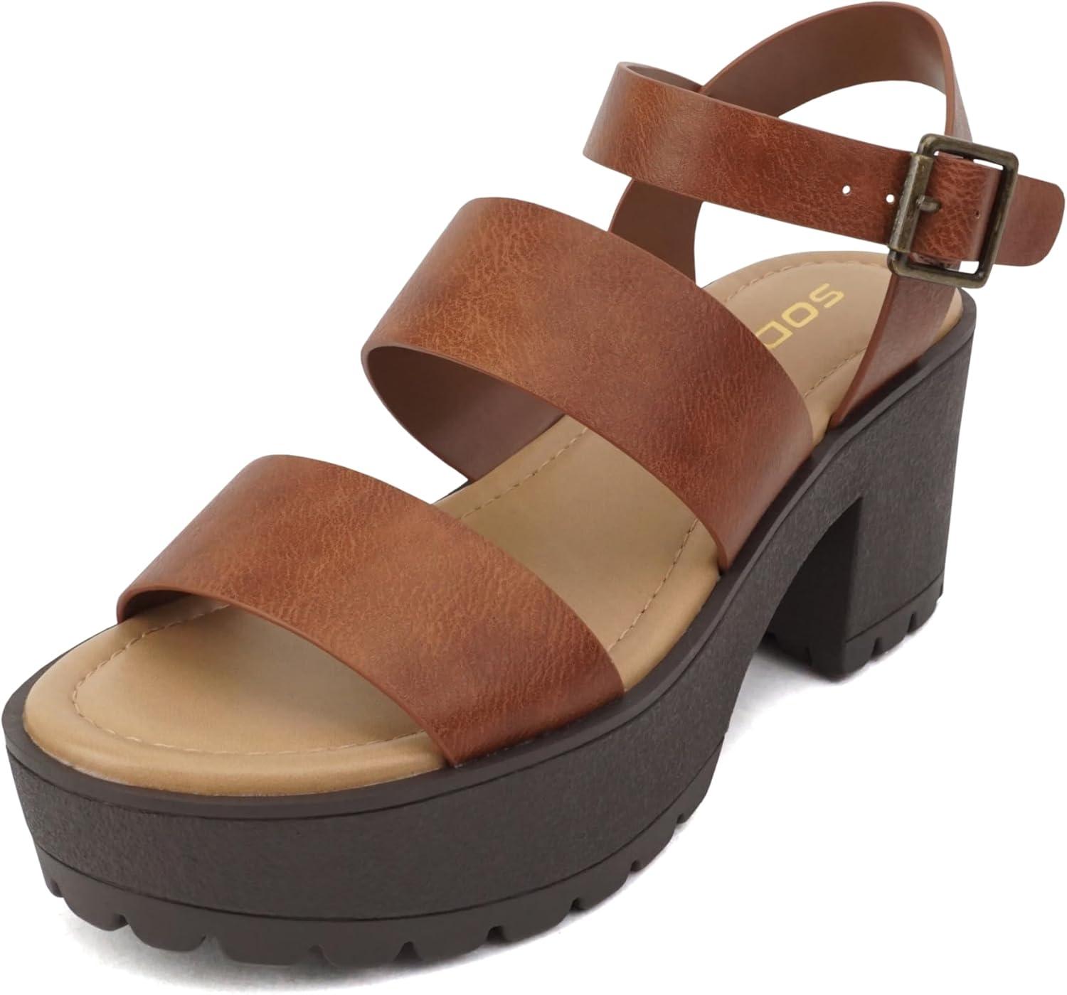 imageSoda ACCOUNT  Women Open Toe Two Bands Lug sole Fashion Block Heel Sandals with Adjustable Ankle StrapCognac Pu