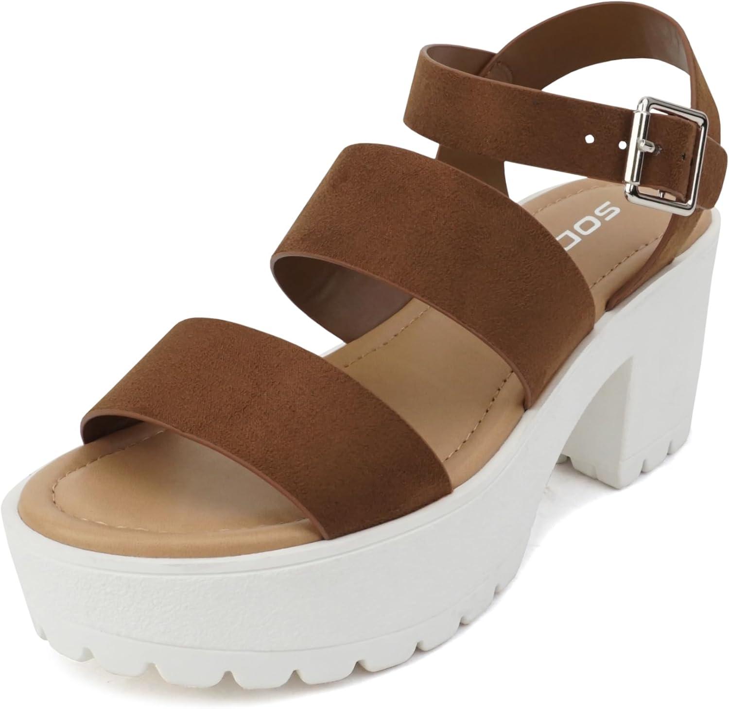 imageSoda ACCOUNT  Women Open Toe Two Bands Lug sole Fashion Block Heel Sandals with Adjustable Ankle StrapCognac Suede
