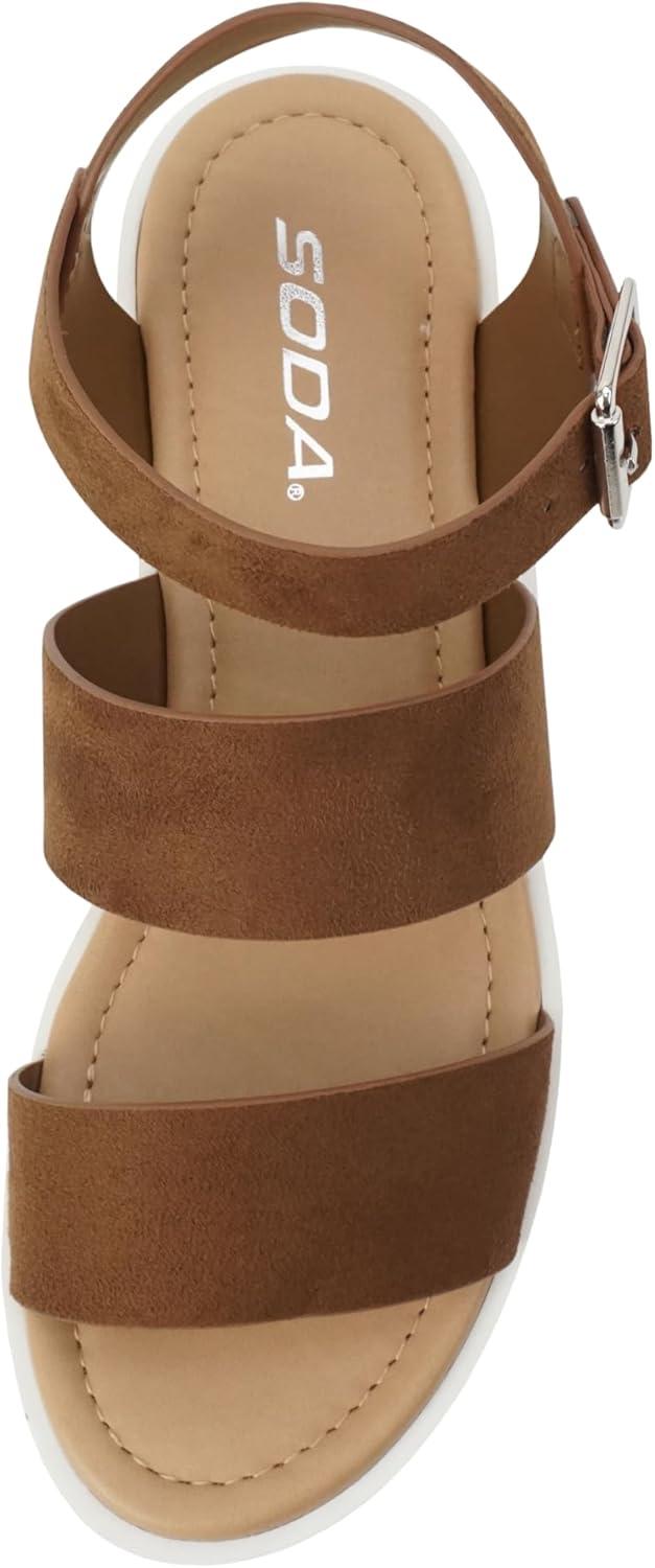 imageSoda ACCOUNT  Women Open Toe Two Bands Lug sole Fashion Block Heel Sandals with Adjustable Ankle StrapCognac Suede
