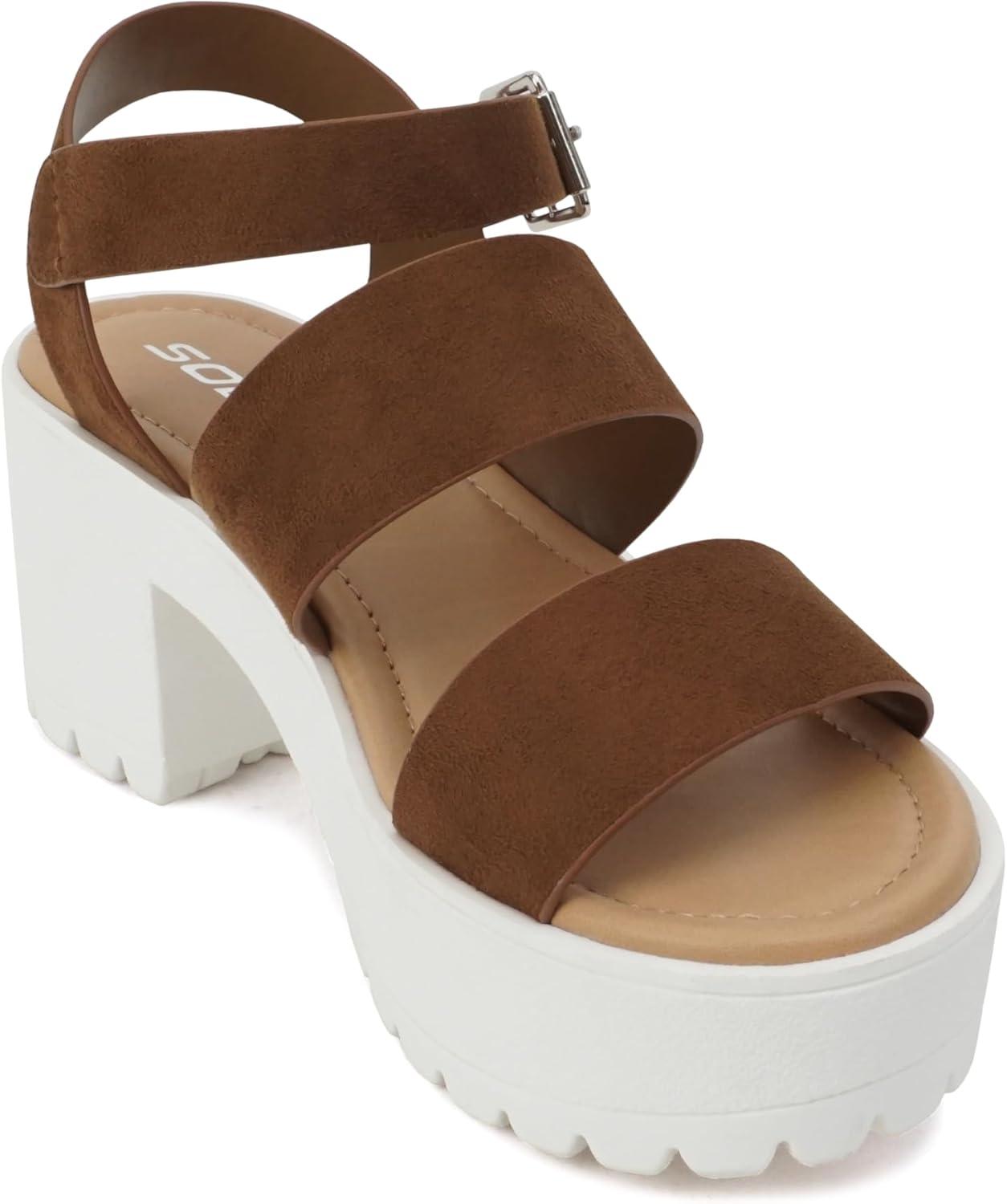 imageSoda ACCOUNT  Women Open Toe Two Bands Lug sole Fashion Block Heel Sandals with Adjustable Ankle StrapCognac Suede