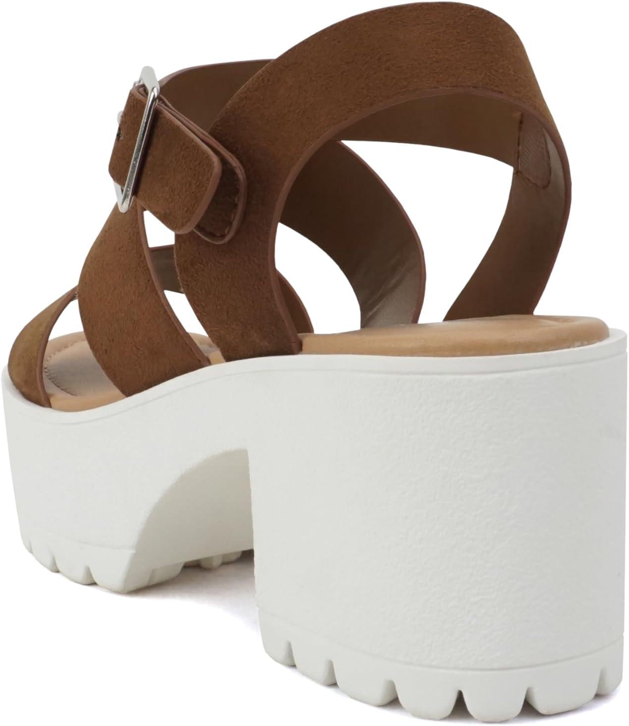 imageSoda ACCOUNT  Women Open Toe Two Bands Lug sole Fashion Block Heel Sandals with Adjustable Ankle StrapCognac Suede
