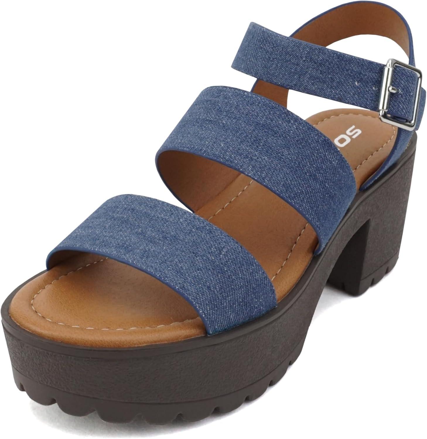 imageSoda ACCOUNT  Women Open Toe Two Bands Lug sole Fashion Block Heel Sandals with Adjustable Ankle StrapDenim Blue