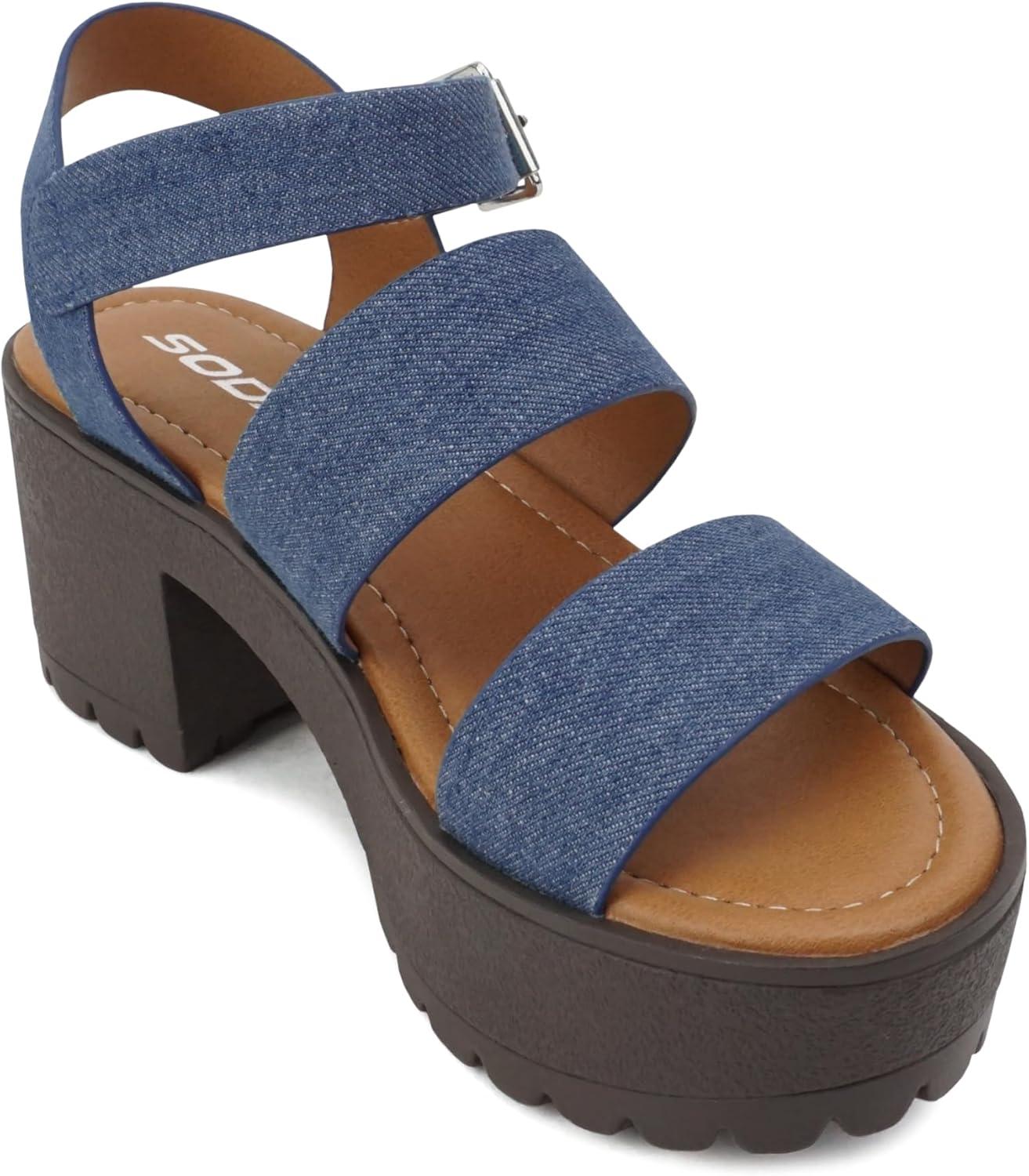 imageSoda ACCOUNT  Women Open Toe Two Bands Lug sole Fashion Block Heel Sandals with Adjustable Ankle StrapDenim Blue