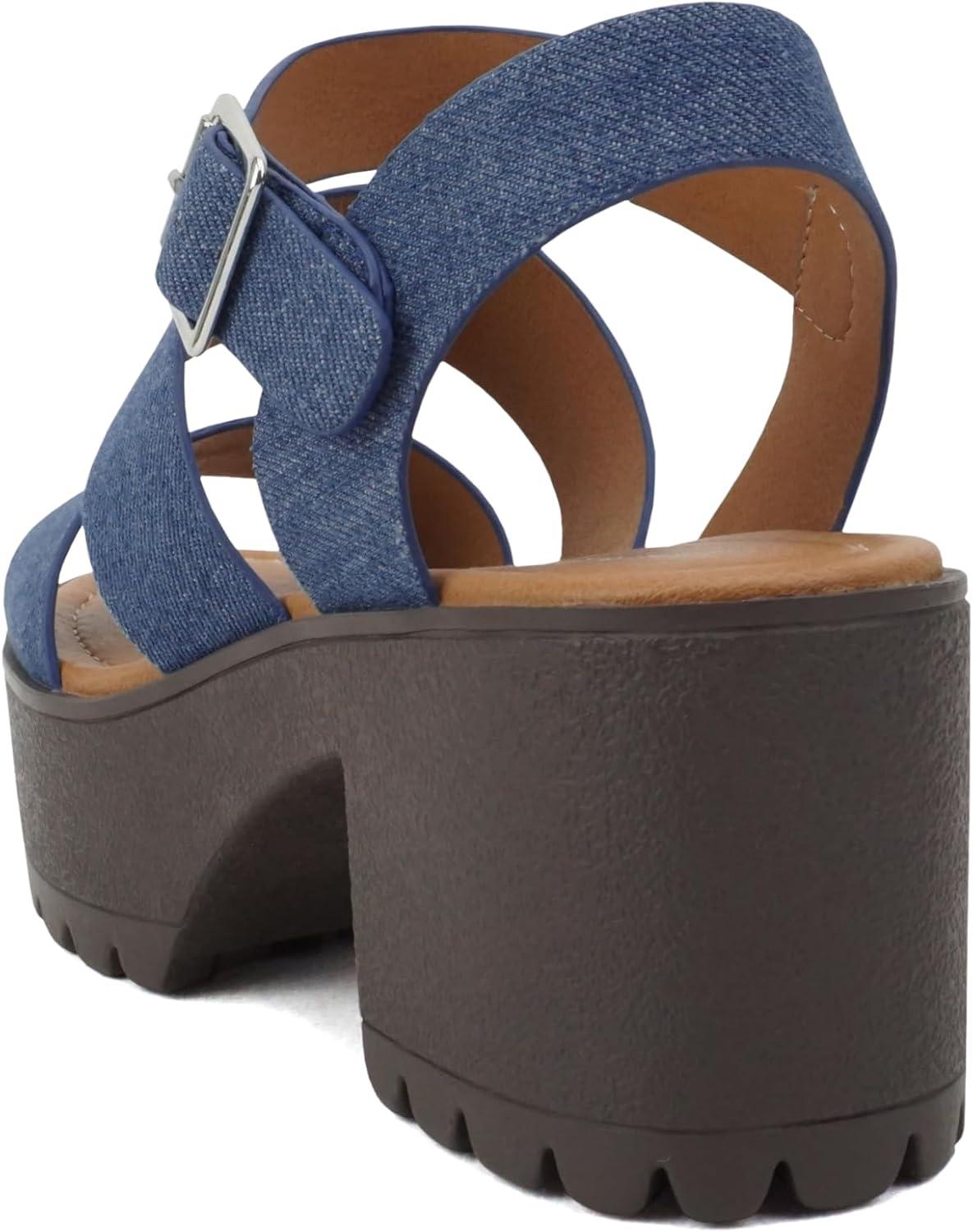 imageSoda ACCOUNT  Women Open Toe Two Bands Lug sole Fashion Block Heel Sandals with Adjustable Ankle StrapDenim Blue