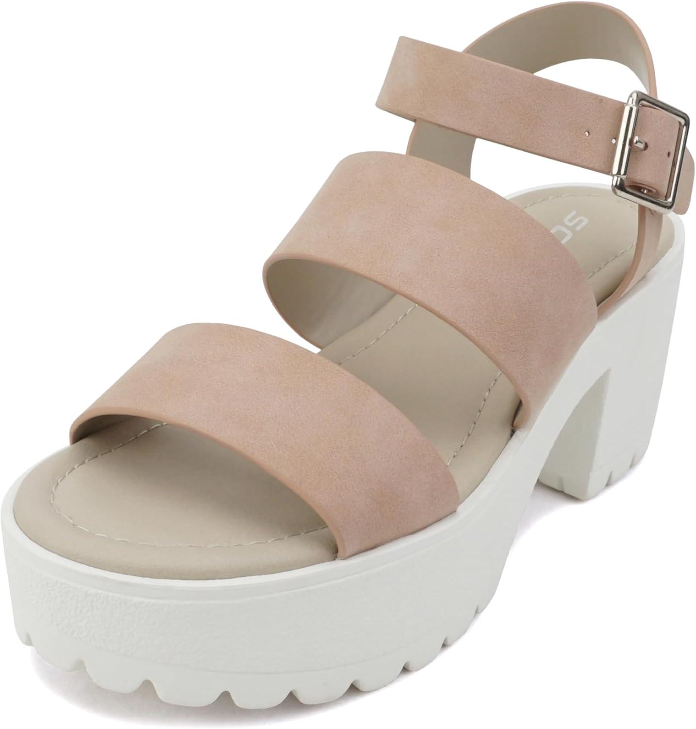 imageSoda ACCOUNT  Women Open Toe Two Bands Lug sole Fashion Block Heel Sandals with Adjustable Ankle StrapDusty Mauve Nubuck