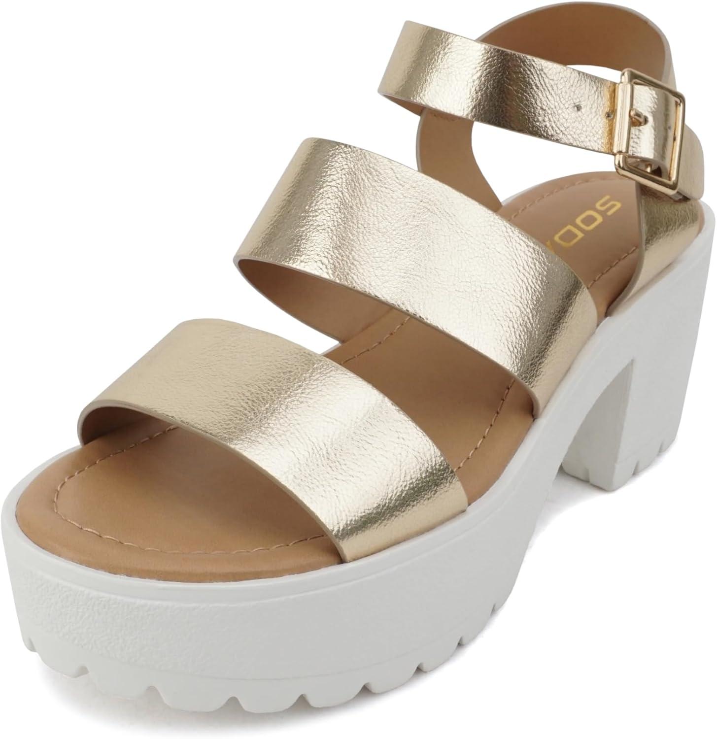 imageSoda ACCOUNT  Women Open Toe Two Bands Lug sole Fashion Block Heel Sandals with Adjustable Ankle StrapGold Metallic