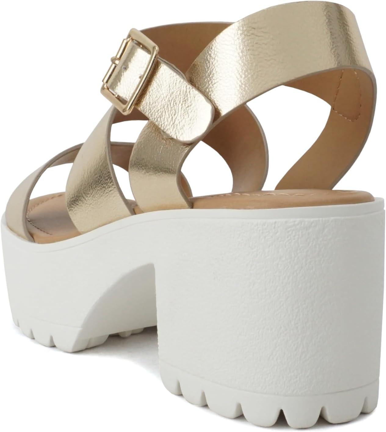 imageSoda ACCOUNT  Women Open Toe Two Bands Lug sole Fashion Block Heel Sandals with Adjustable Ankle StrapGold Metallic