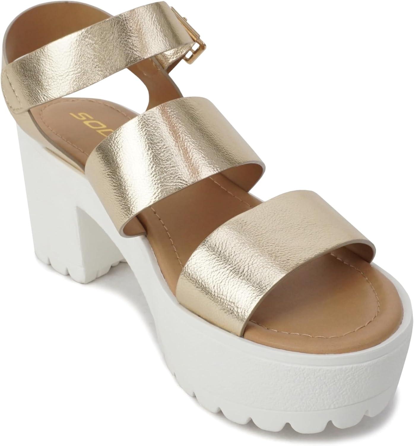 imageSoda ACCOUNT  Women Open Toe Two Bands Lug sole Fashion Block Heel Sandals with Adjustable Ankle StrapGold Metallic