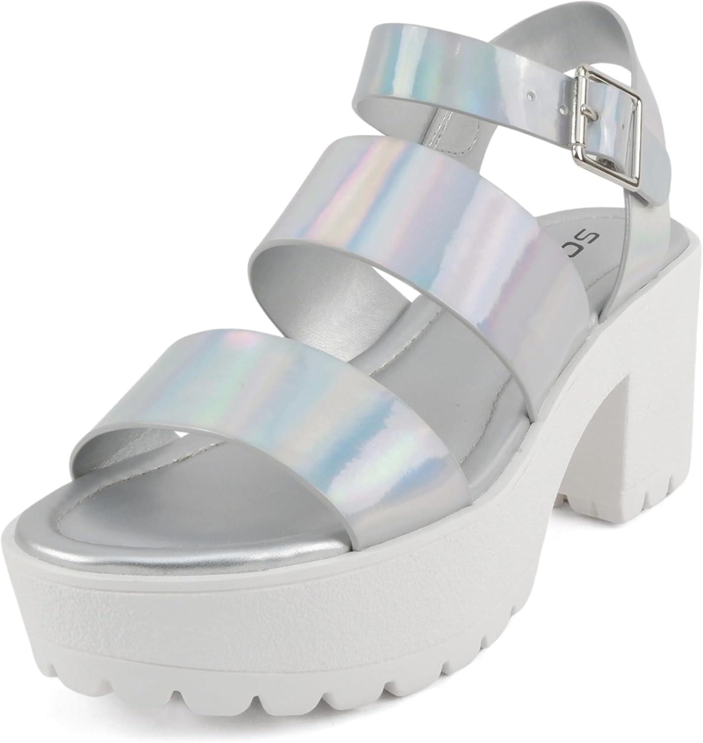imageSoda ACCOUNT  Women Open Toe Two Bands Lug sole Fashion Block Heel Sandals with Adjustable Ankle StrapIridescent Pu
