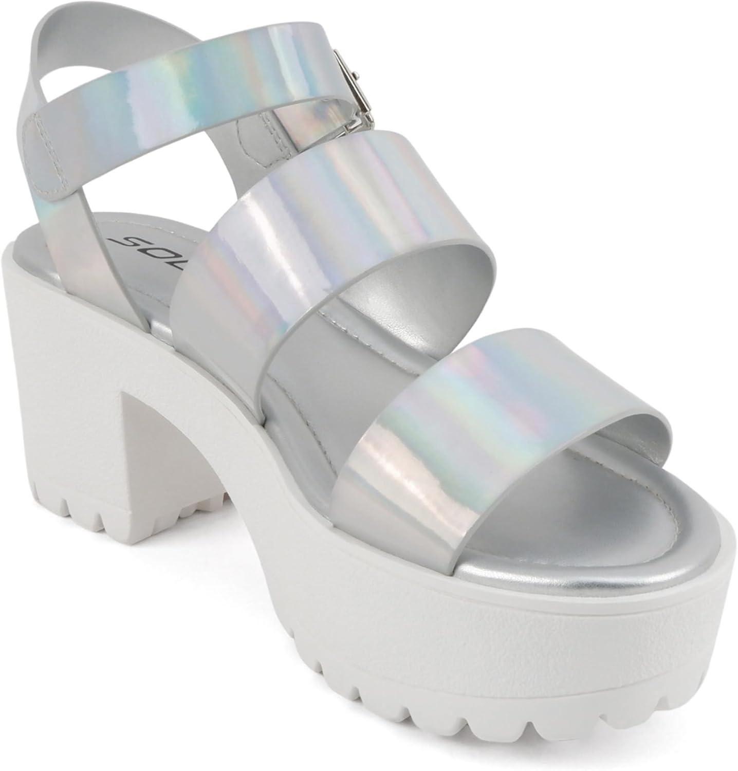 imageSoda ACCOUNT  Women Open Toe Two Bands Lug sole Fashion Block Heel Sandals with Adjustable Ankle StrapIridescent Pu