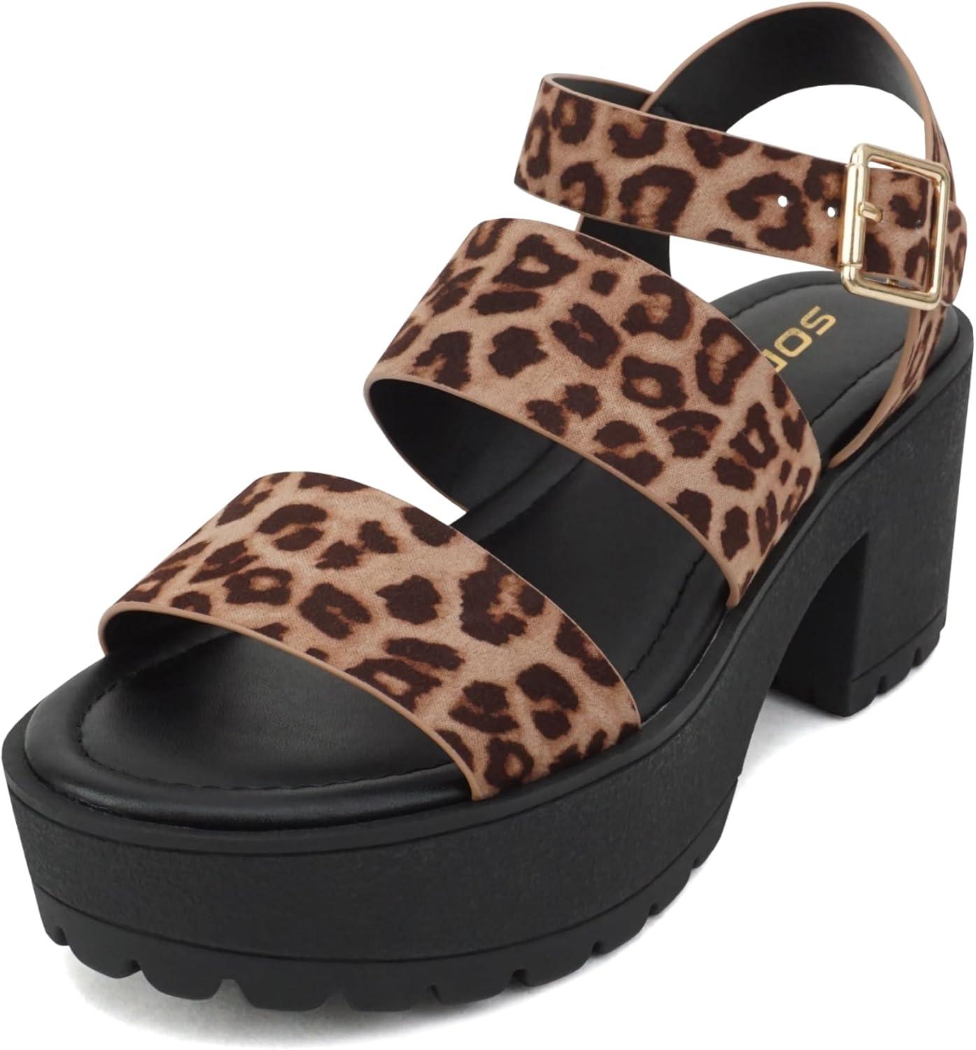 imageSoda ACCOUNT  Women Open Toe Two Bands Lug sole Fashion Block Heel Sandals with Adjustable Ankle StrapLeopard