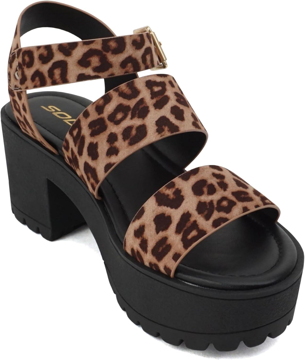 imageSoda ACCOUNT  Women Open Toe Two Bands Lug sole Fashion Block Heel Sandals with Adjustable Ankle StrapLeopard