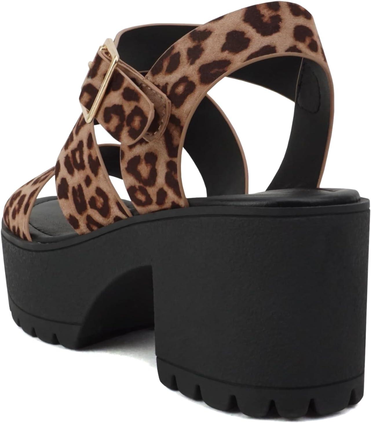 imageSoda ACCOUNT  Women Open Toe Two Bands Lug sole Fashion Block Heel Sandals with Adjustable Ankle StrapLeopard