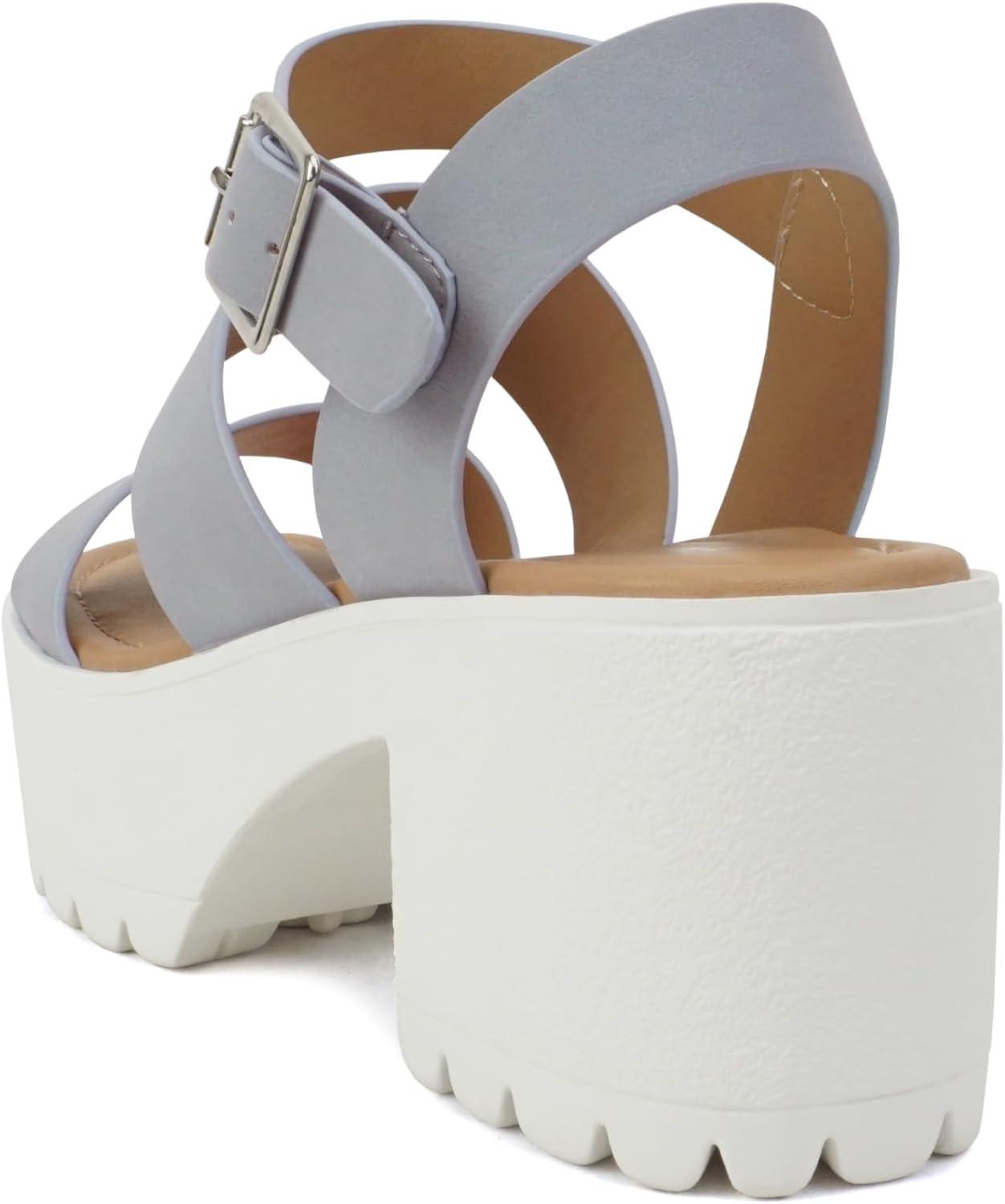 imageSoda ACCOUNT  Women Open Toe Two Bands Lug sole Fashion Block Heel Sandals with Adjustable Ankle StrapLight Blue Nubuck