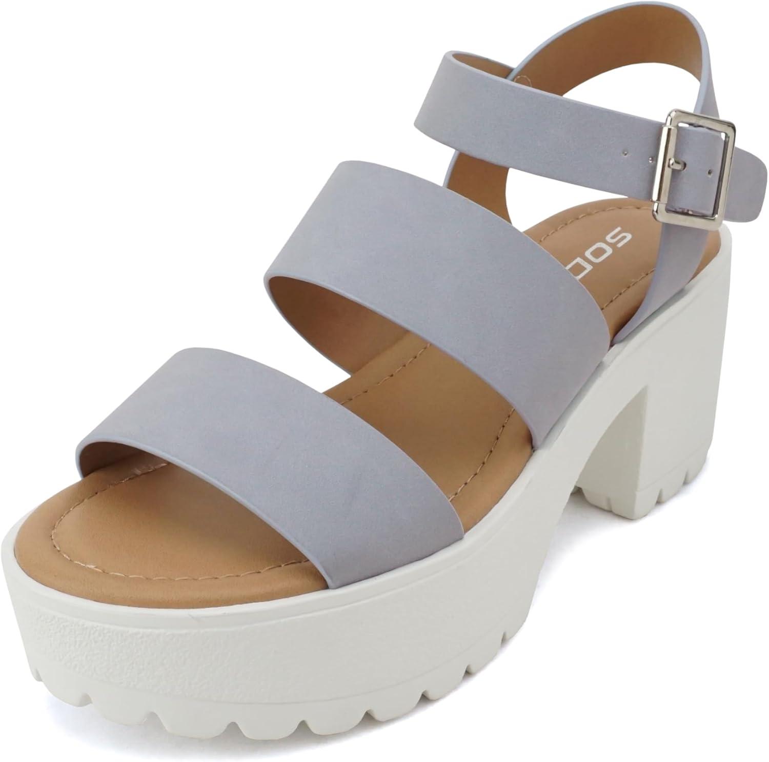 imageSoda ACCOUNT  Women Open Toe Two Bands Lug sole Fashion Block Heel Sandals with Adjustable Ankle StrapLight Blue Nubuck