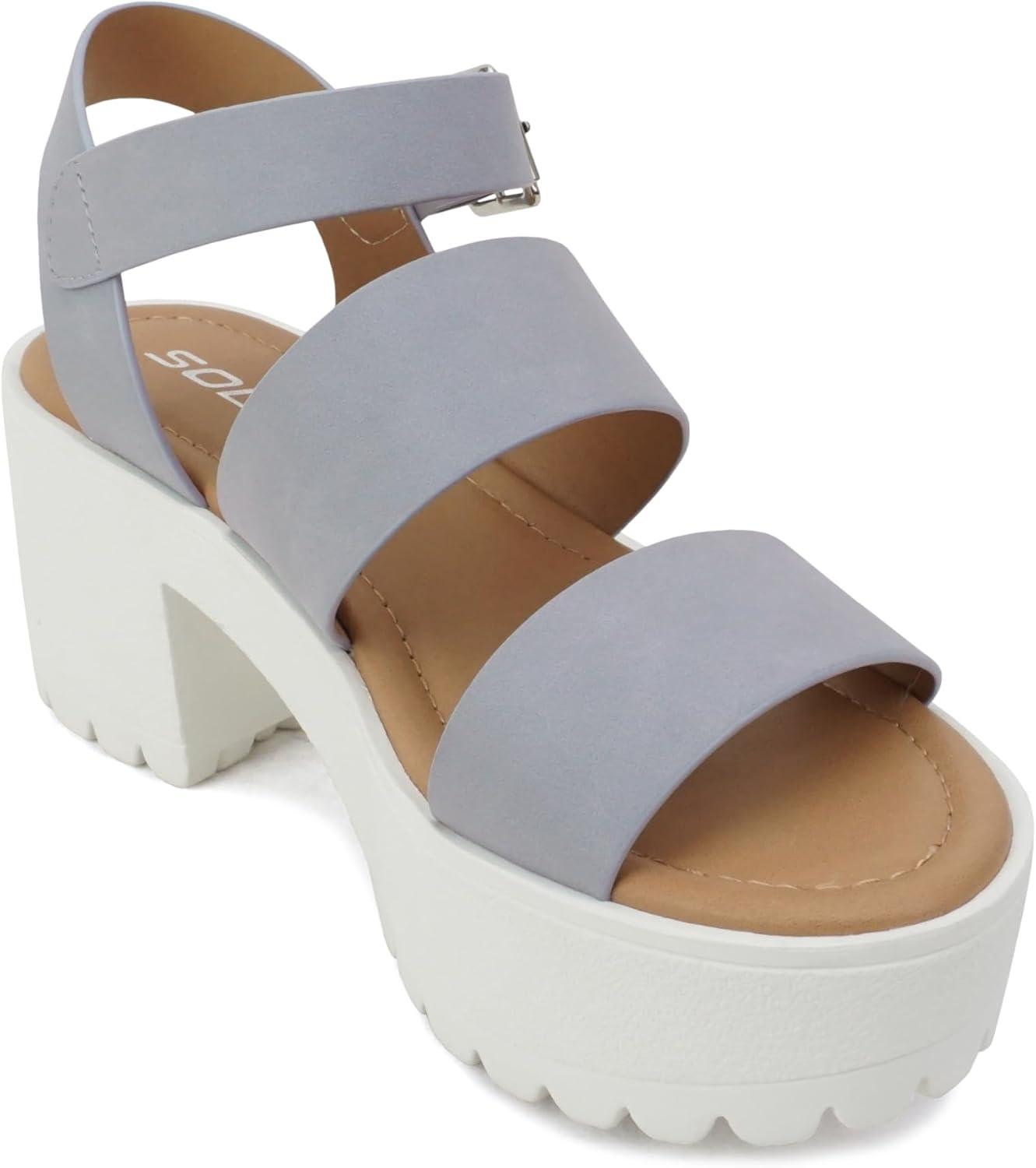 imageSoda ACCOUNT  Women Open Toe Two Bands Lug sole Fashion Block Heel Sandals with Adjustable Ankle StrapLight Blue Nubuck