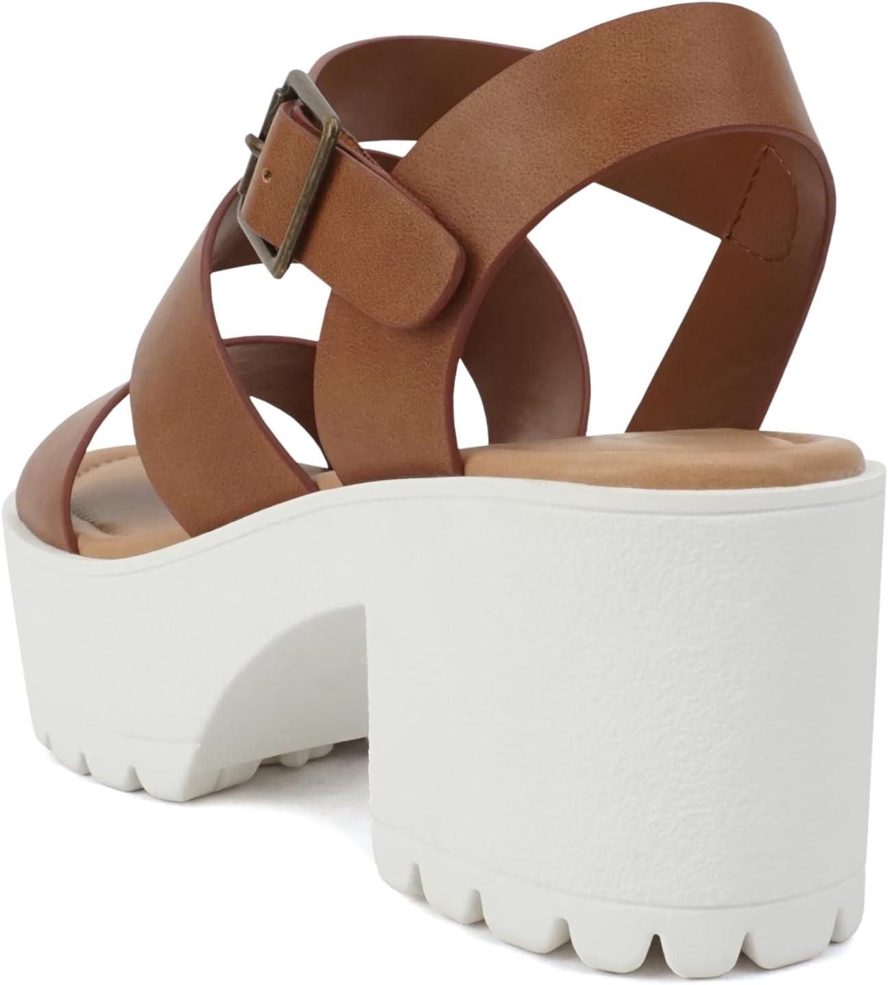 imageSoda ACCOUNT  Women Open Toe Two Bands Lug sole Fashion Block Heel Sandals with Adjustable Ankle StrapLight Tan Pu