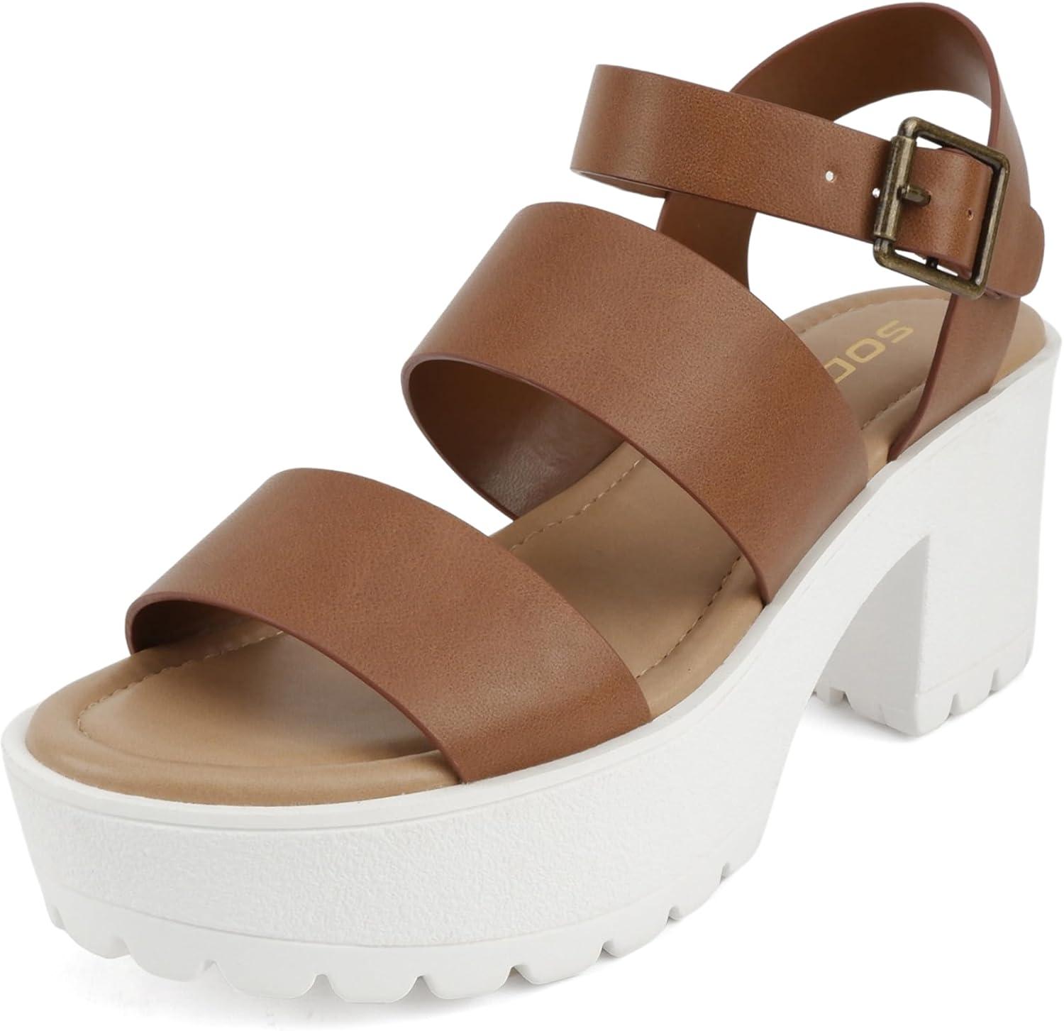 imageSoda ACCOUNT  Women Open Toe Two Bands Lug sole Fashion Block Heel Sandals with Adjustable Ankle StrapLight Tan Pu