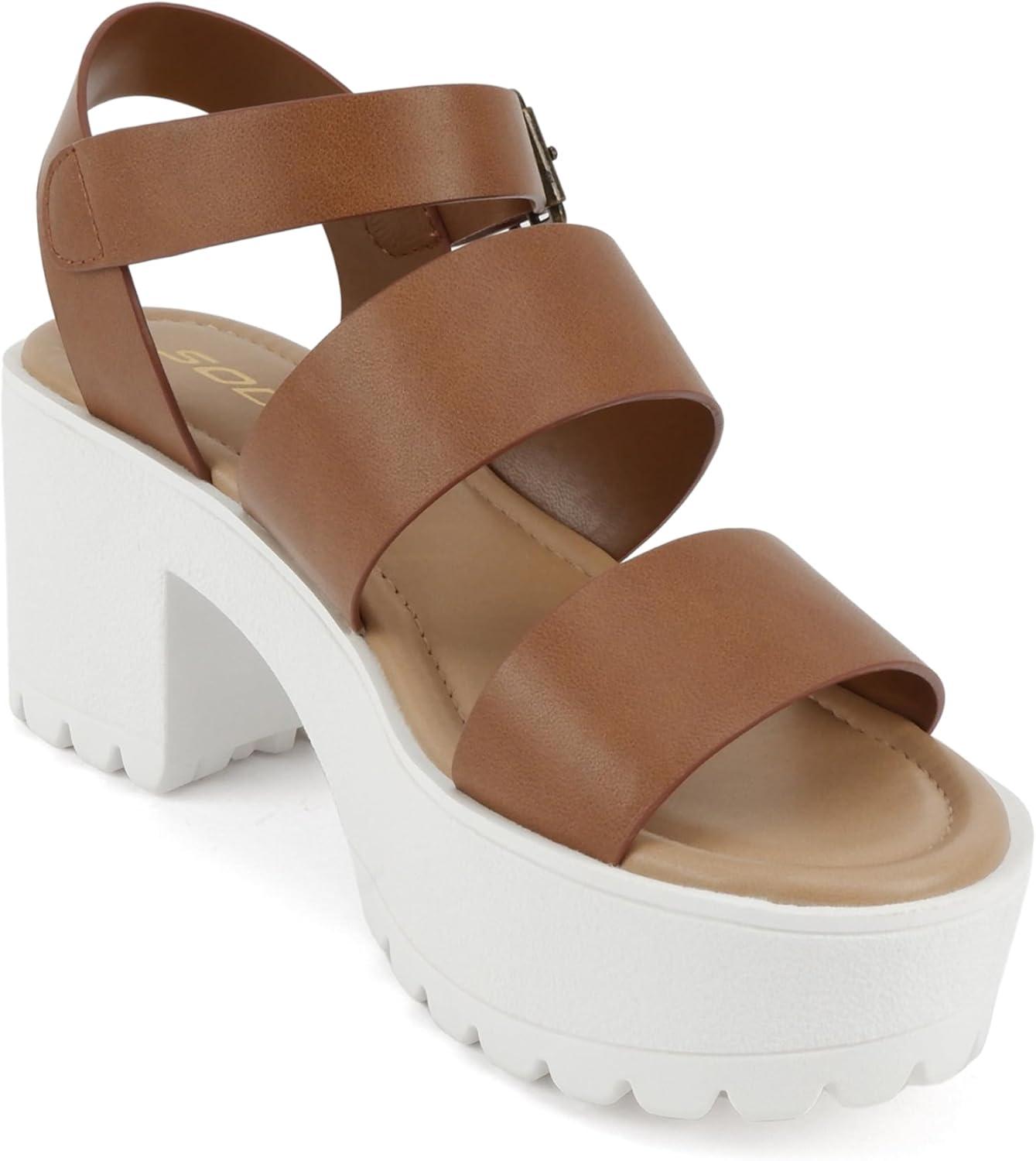 imageSoda ACCOUNT  Women Open Toe Two Bands Lug sole Fashion Block Heel Sandals with Adjustable Ankle StrapLight Tan Pu