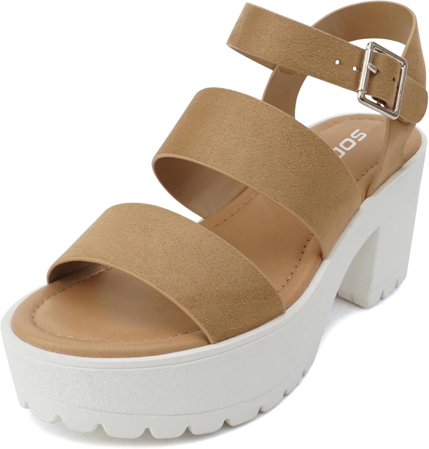 imageSoda ACCOUNT  Women Open Toe Two Bands Lug sole Fashion Block Heel Sandals with Adjustable Ankle StrapNatural Suede