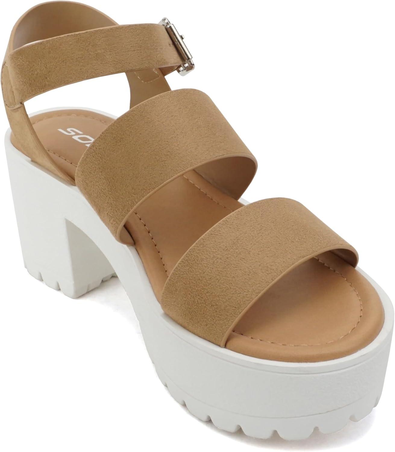 imageSoda ACCOUNT  Women Open Toe Two Bands Lug sole Fashion Block Heel Sandals with Adjustable Ankle StrapNatural Suede