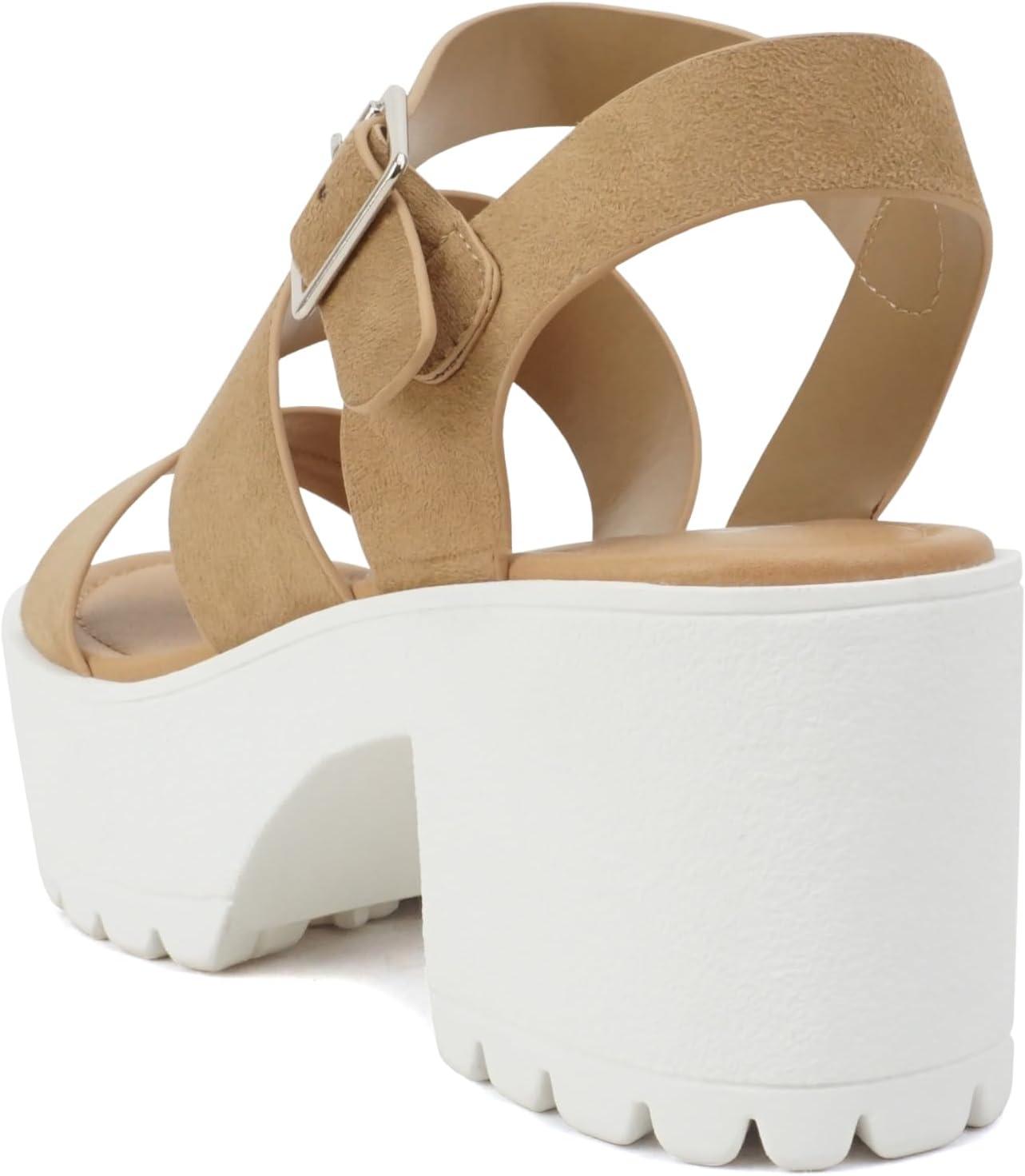 imageSoda ACCOUNT  Women Open Toe Two Bands Lug sole Fashion Block Heel Sandals with Adjustable Ankle StrapNatural Suede