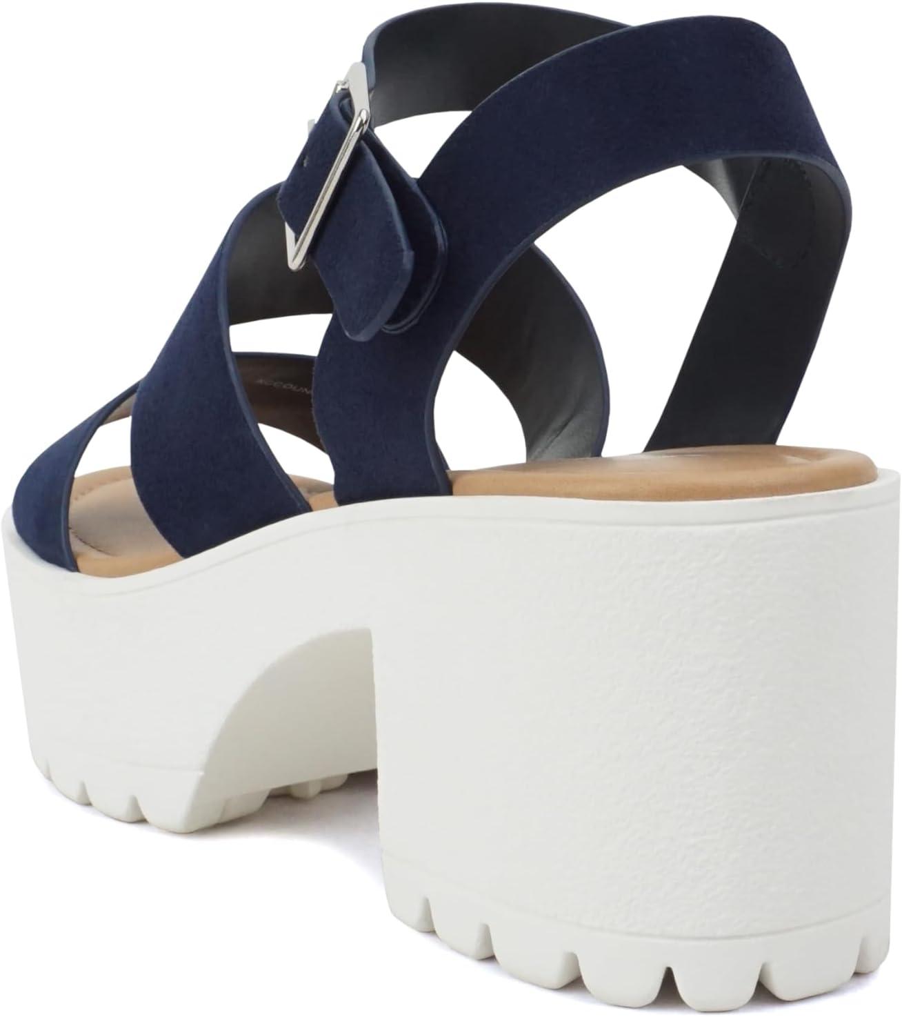 imageSoda ACCOUNT  Women Open Toe Two Bands Lug sole Fashion Block Heel Sandals with Adjustable Ankle StrapNavy Suede