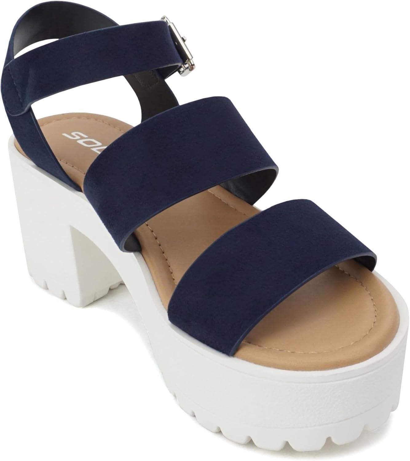 imageSoda ACCOUNT  Women Open Toe Two Bands Lug sole Fashion Block Heel Sandals with Adjustable Ankle StrapNavy Suede