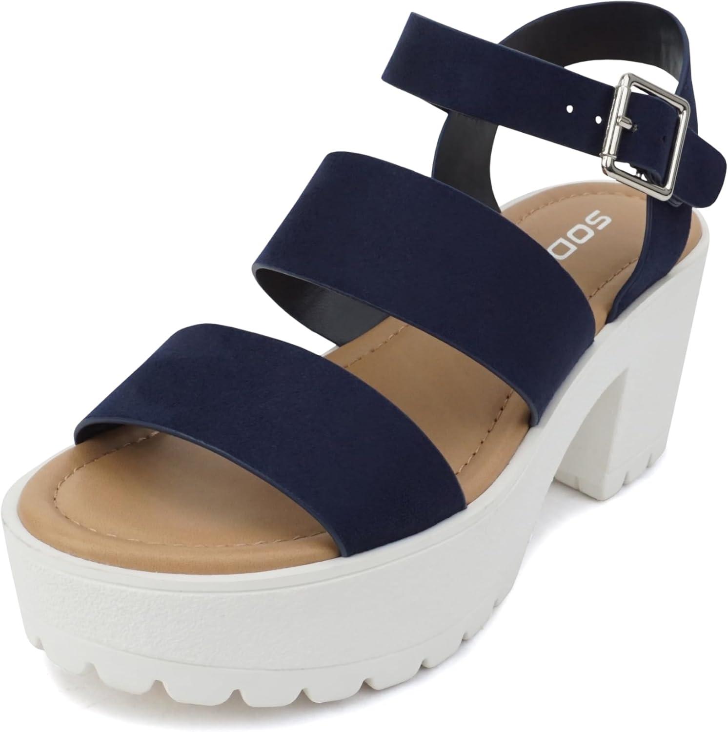 imageSoda ACCOUNT  Women Open Toe Two Bands Lug sole Fashion Block Heel Sandals with Adjustable Ankle StrapNavy Suede