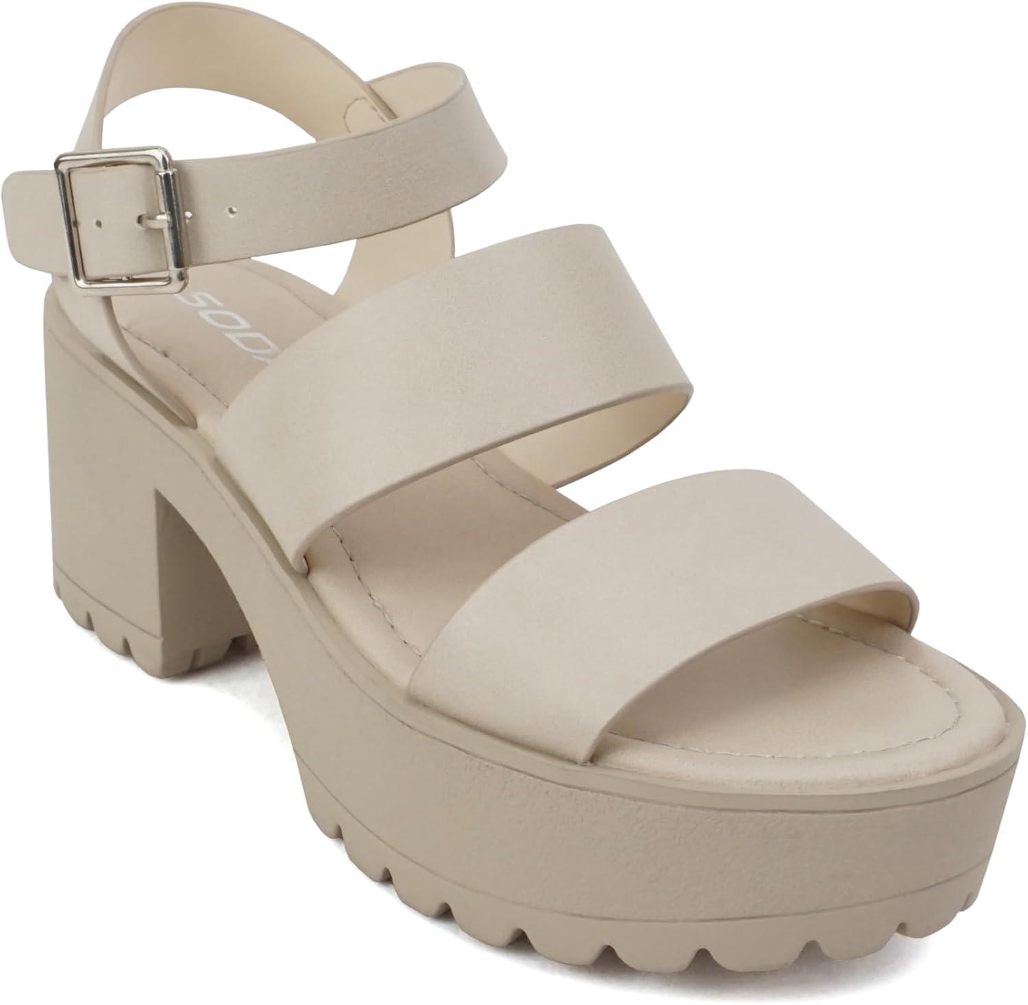imageSoda ACCOUNT  Women Open Toe Two Bands Lug sole Fashion Block Heel Sandals with Adjustable Ankle StrapNude