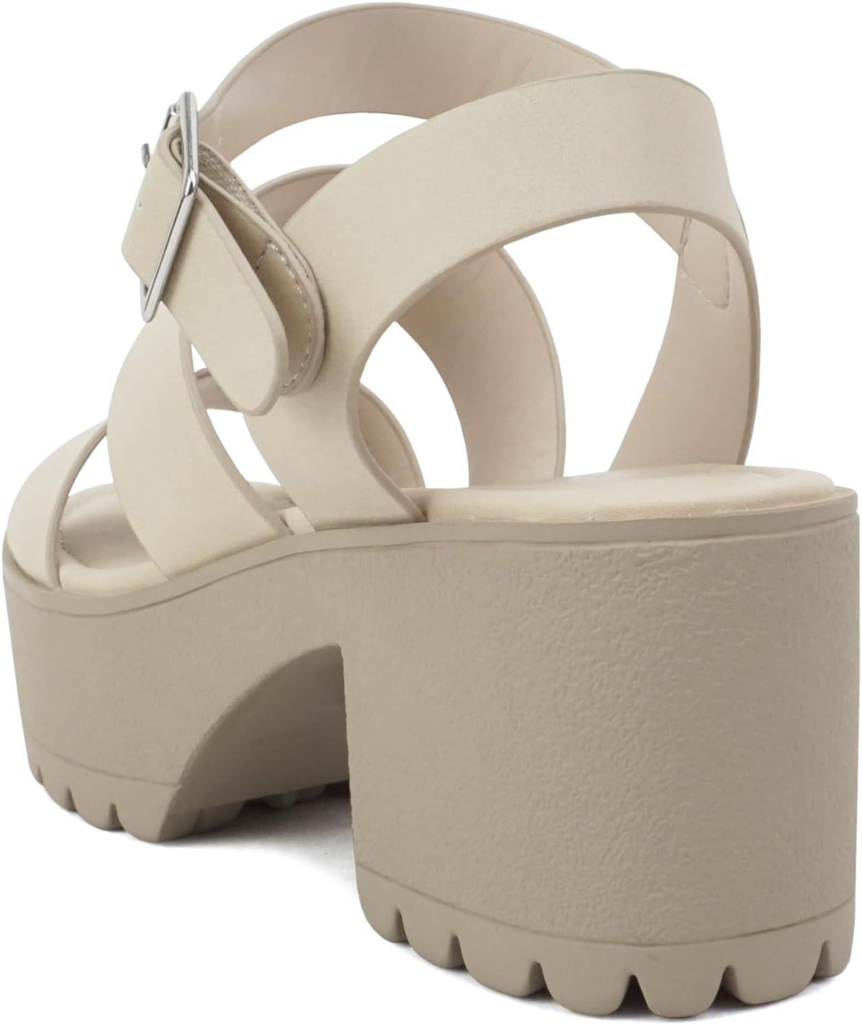 imageSoda ACCOUNT  Women Open Toe Two Bands Lug sole Fashion Block Heel Sandals with Adjustable Ankle StrapNude