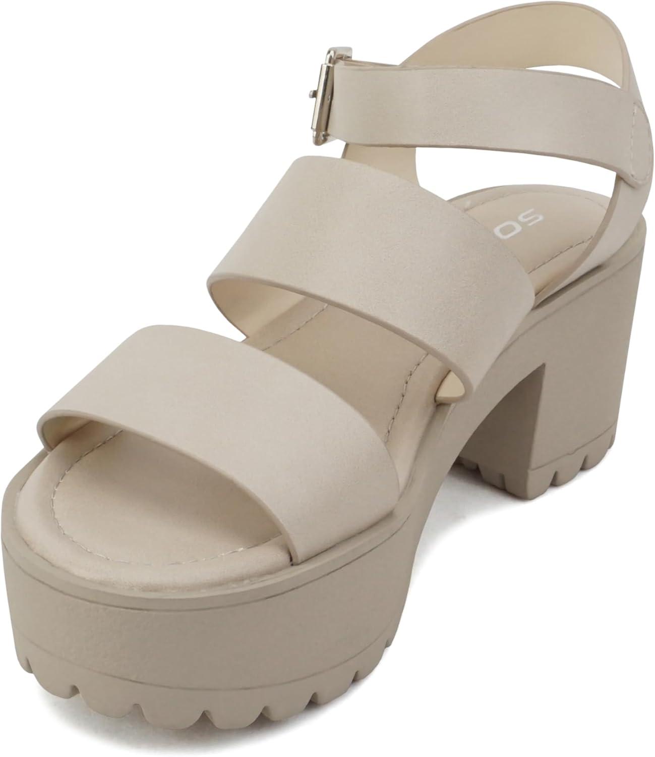 imageSoda ACCOUNT  Women Open Toe Two Bands Lug sole Fashion Block Heel Sandals with Adjustable Ankle StrapNude