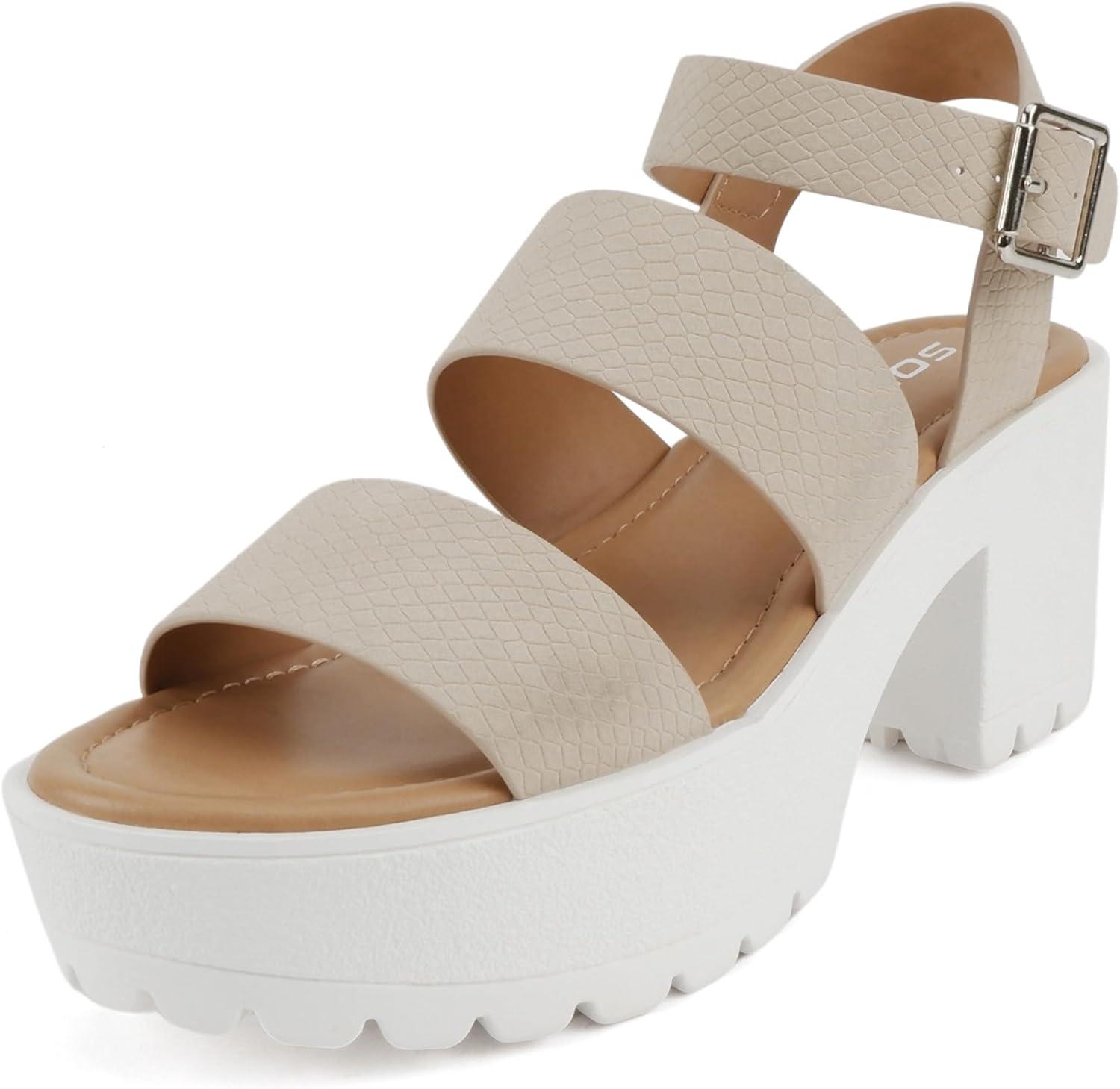 imageSoda ACCOUNT  Women Open Toe Two Bands Lug sole Fashion Block Heel Sandals with Adjustable Ankle StrapNude Cobra Nubuck