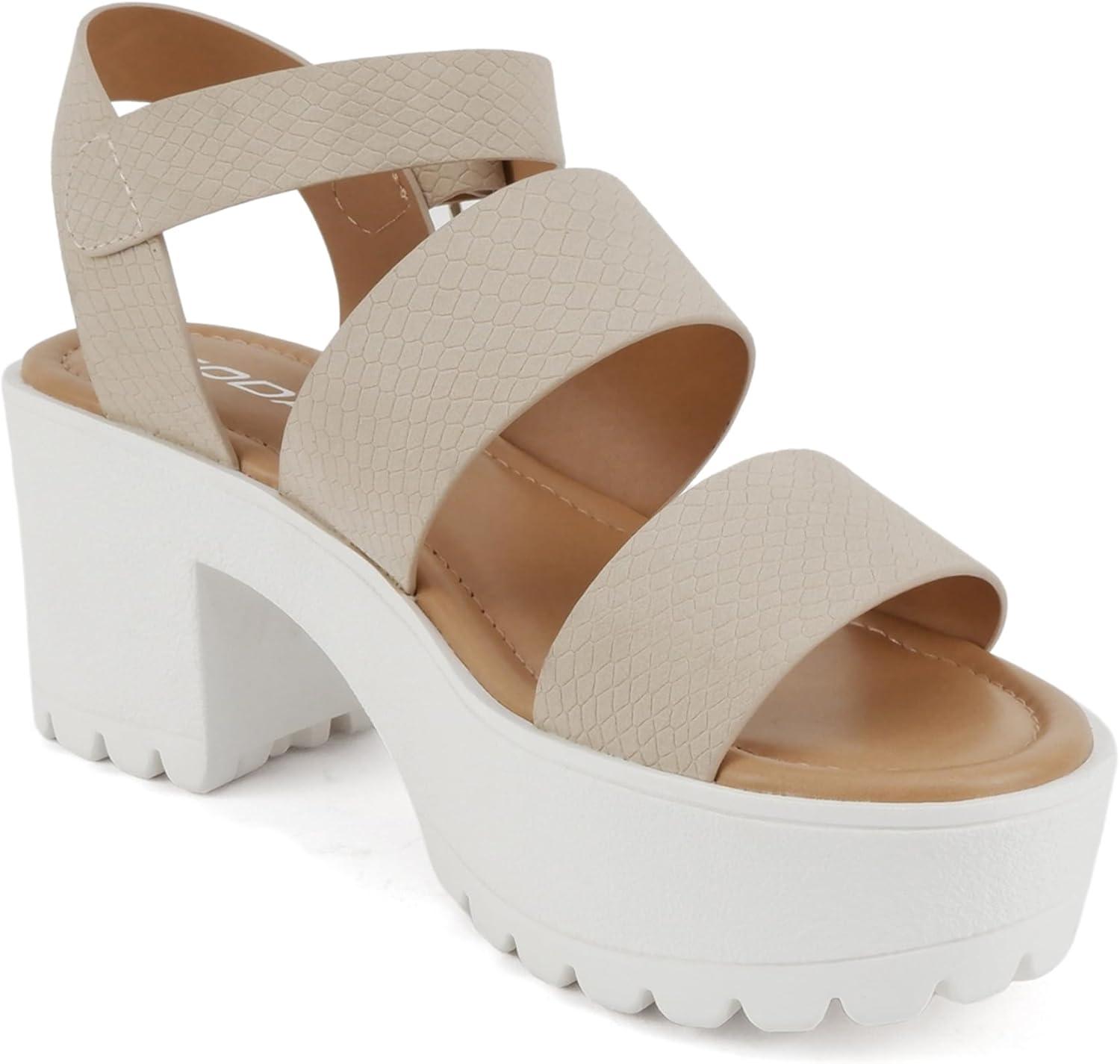 imageSoda ACCOUNT  Women Open Toe Two Bands Lug sole Fashion Block Heel Sandals with Adjustable Ankle StrapNude Cobra Nubuck