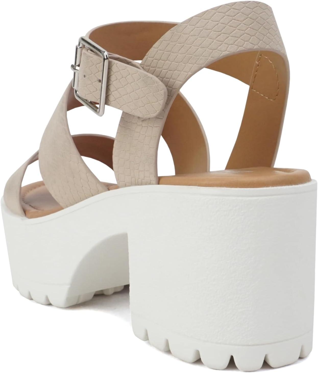 imageSoda ACCOUNT  Women Open Toe Two Bands Lug sole Fashion Block Heel Sandals with Adjustable Ankle StrapNude Cobra Nubuck
