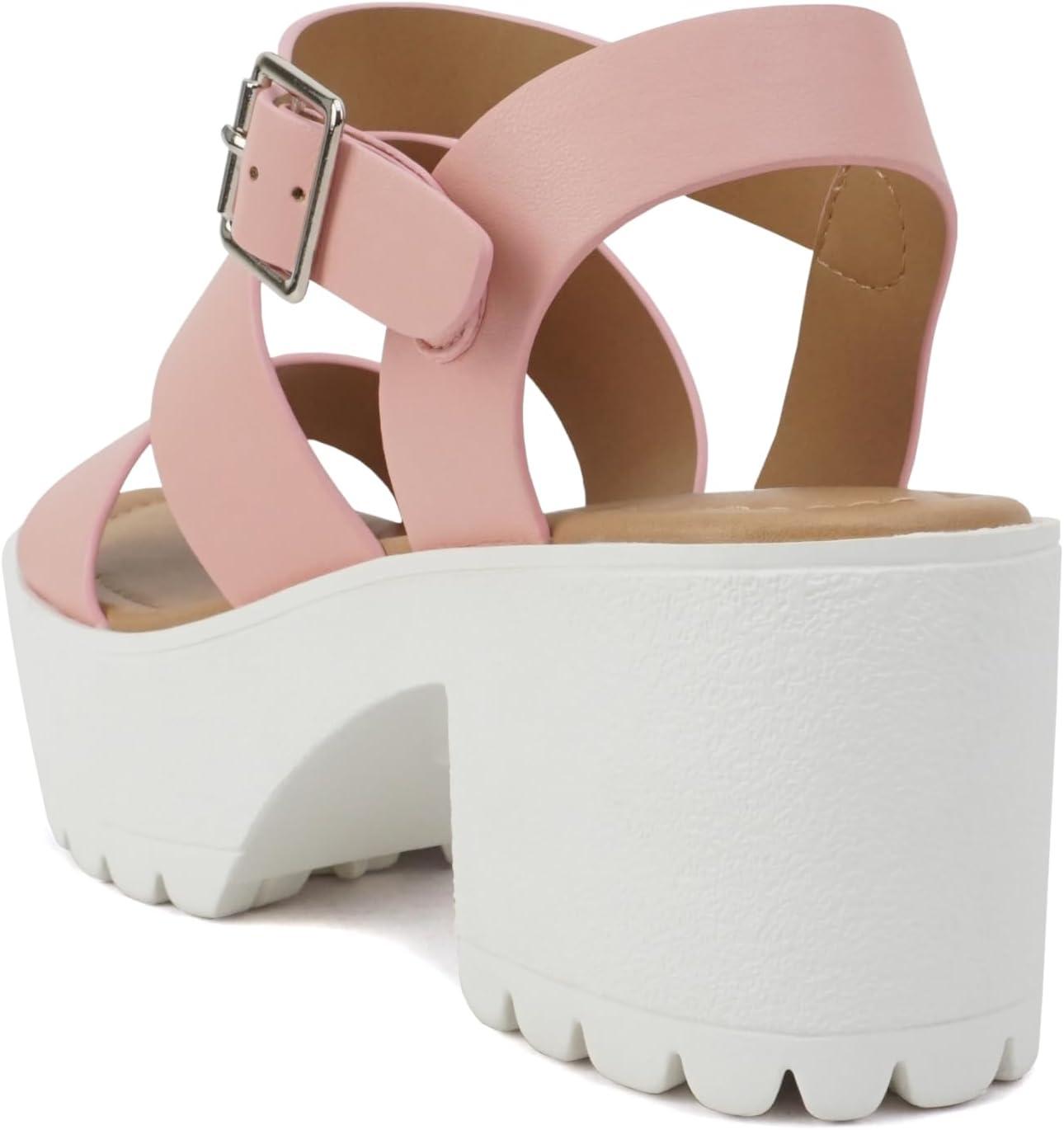 imageSoda ACCOUNT  Women Open Toe Two Bands Lug sole Fashion Block Heel Sandals with Adjustable Ankle StrapPink Pu