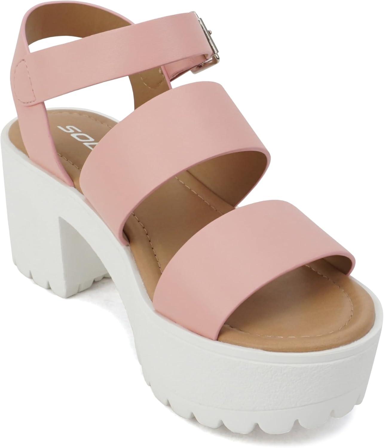 imageSoda ACCOUNT  Women Open Toe Two Bands Lug sole Fashion Block Heel Sandals with Adjustable Ankle StrapPink Pu