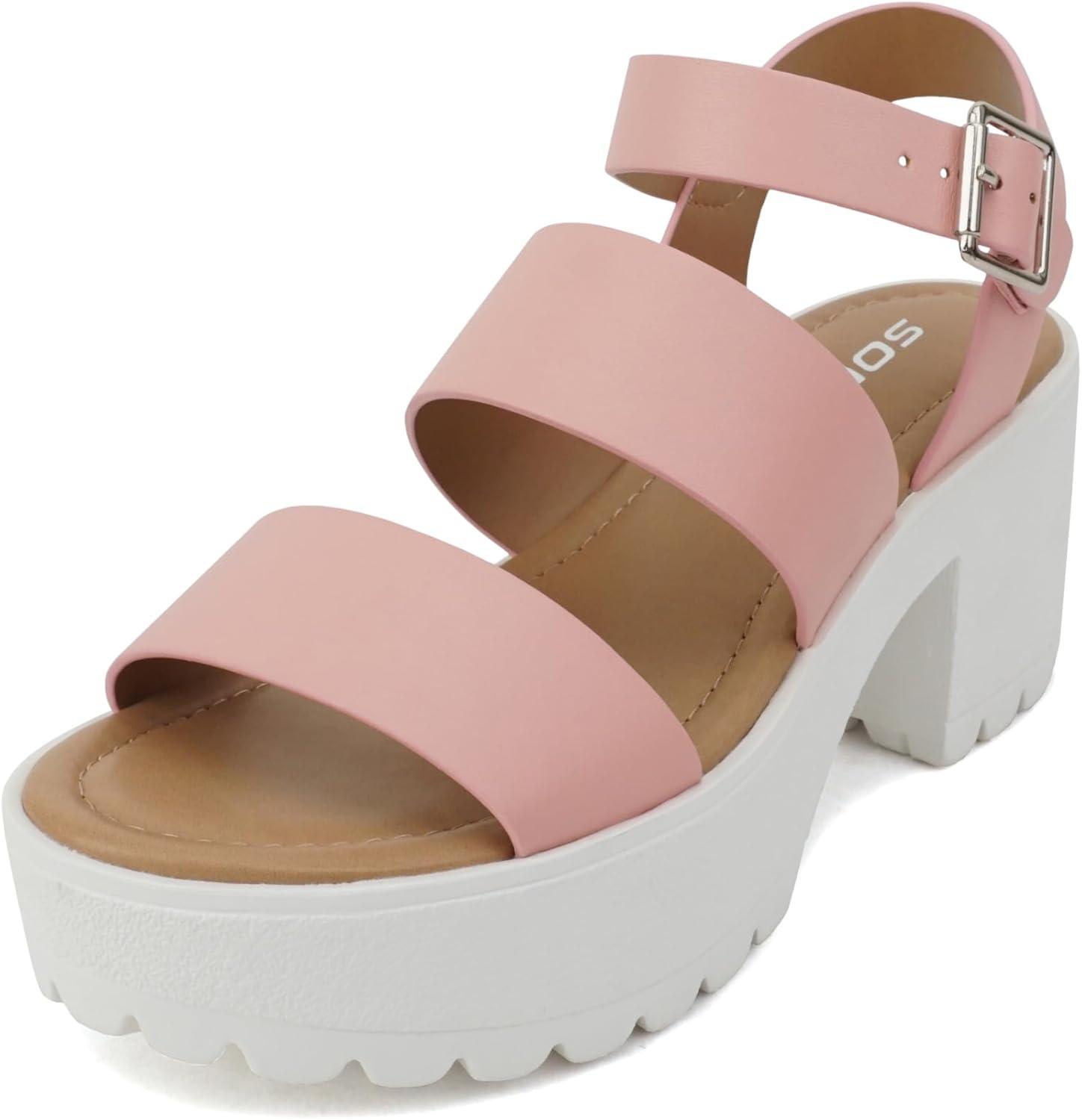 imageSoda ACCOUNT  Women Open Toe Two Bands Lug sole Fashion Block Heel Sandals with Adjustable Ankle StrapPink Pu
