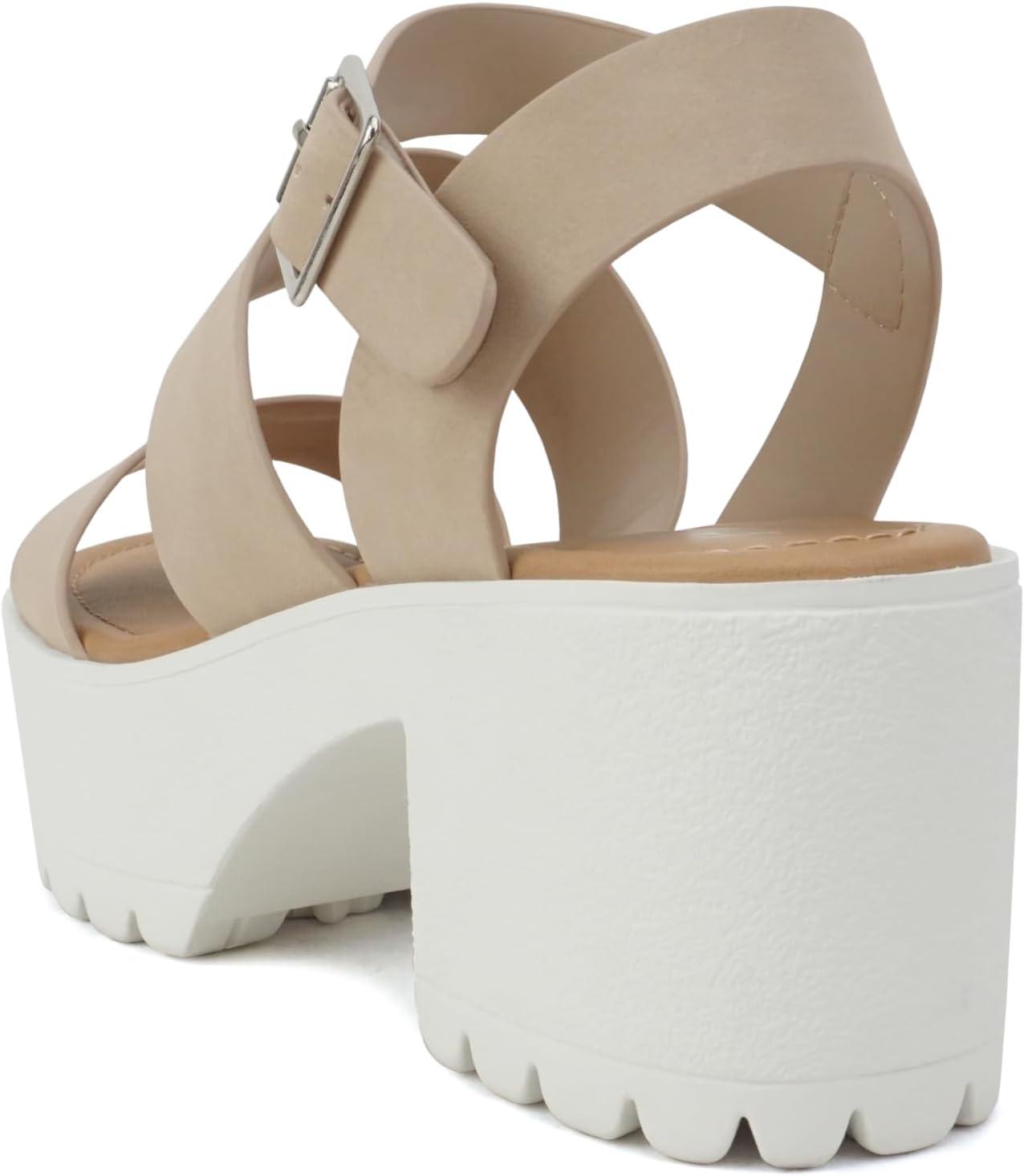 imageSoda ACCOUNT  Women Open Toe Two Bands Lug sole Fashion Block Heel Sandals with Adjustable Ankle StrapSand Nubuck