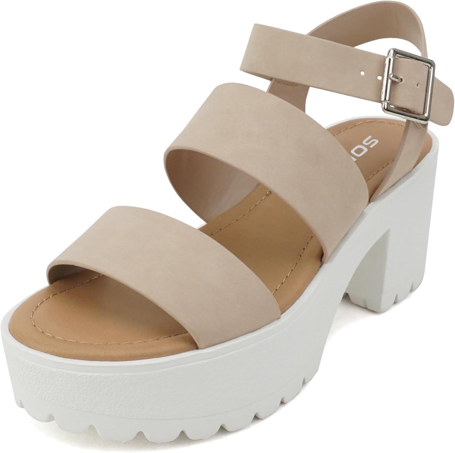 imageSoda ACCOUNT  Women Open Toe Two Bands Lug sole Fashion Block Heel Sandals with Adjustable Ankle StrapSand Nubuck
