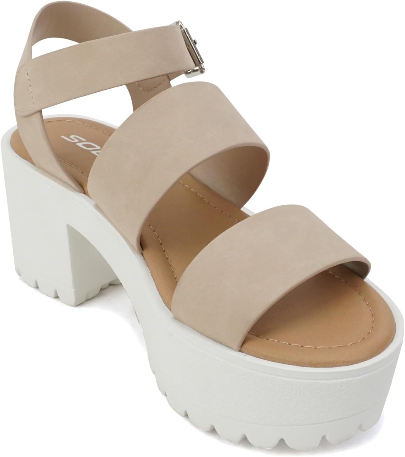 imageSoda ACCOUNT  Women Open Toe Two Bands Lug sole Fashion Block Heel Sandals with Adjustable Ankle StrapSand Nubuck