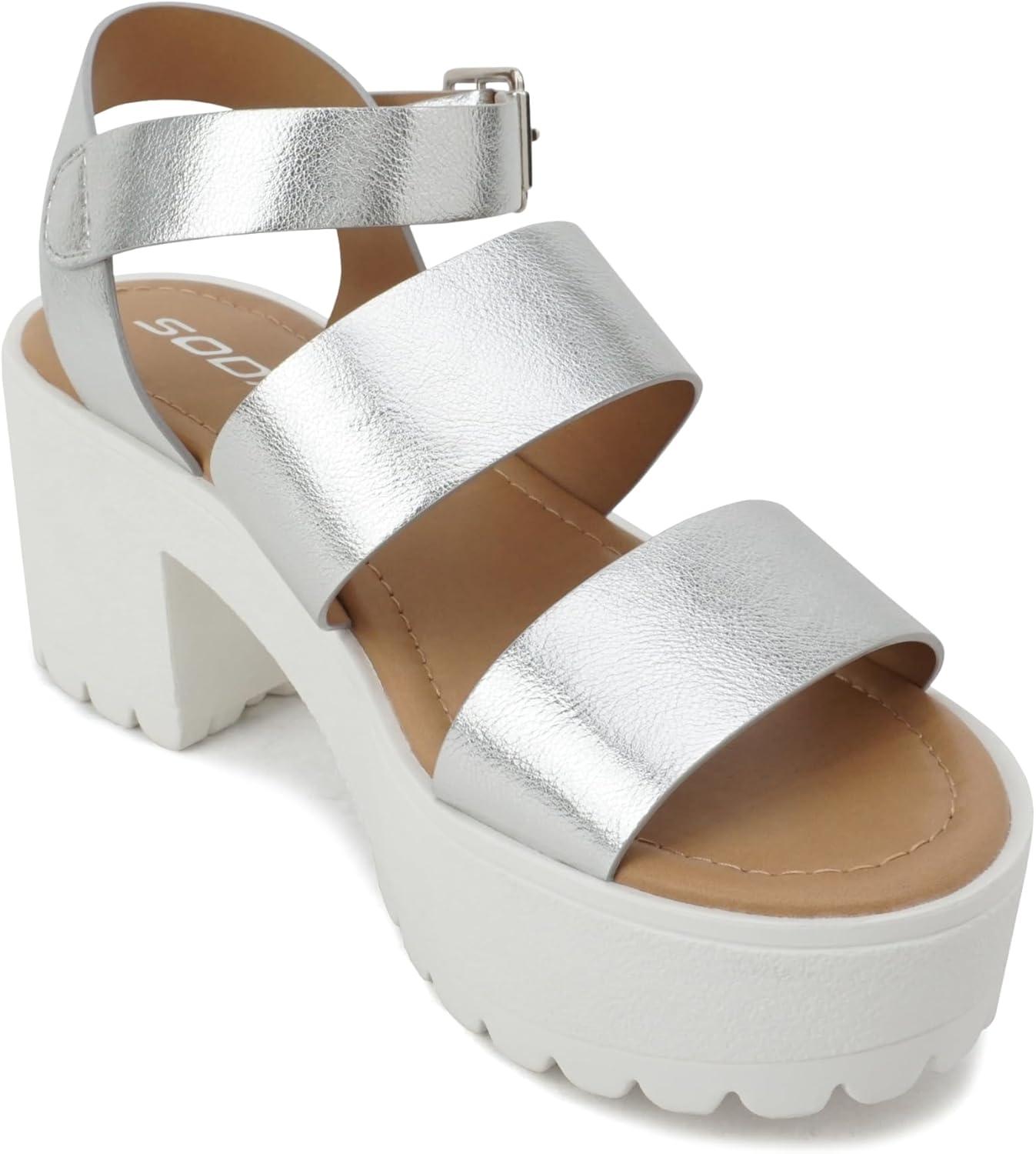 imageSoda ACCOUNT  Women Open Toe Two Bands Lug sole Fashion Block Heel Sandals with Adjustable Ankle StrapSilver Metallic